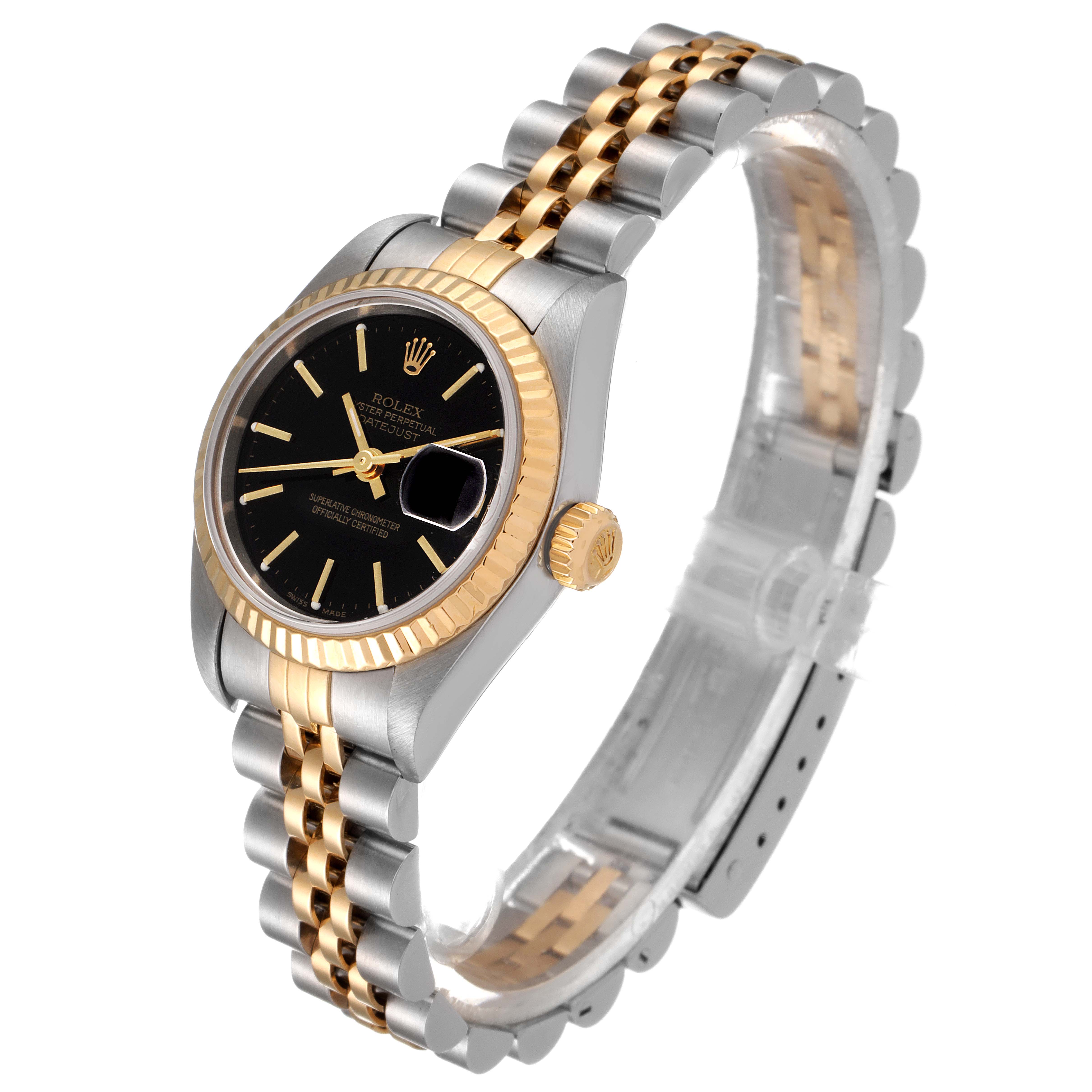 The image shows a Rolex Datejust 79173 Women
s Steel and Gold (two tone) Black Dial 79173 Women
s Steel and Gold (two tone) Black Dial watch at a three-quarter angle, highlighting the black dial, fluted bezel, and two-tone bracelet.