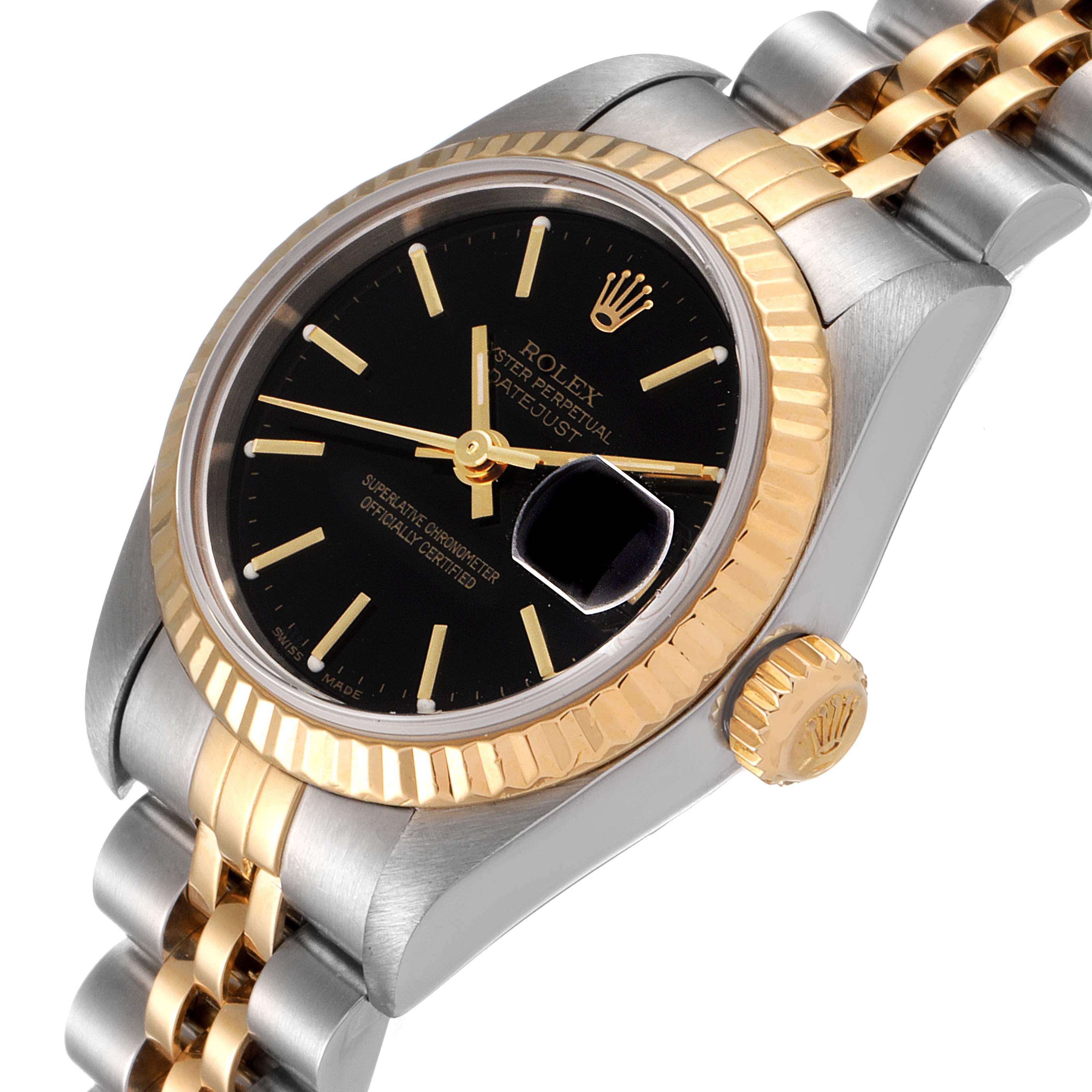 This image shows the face, bezel, crown, and part of the bracelet of a Rolex Datejust 79173 Women
s Steel and Gold (two tone) Black Dial 79173 Women
s Steel and Gold (two tone) Black Dial watch at an angled view.