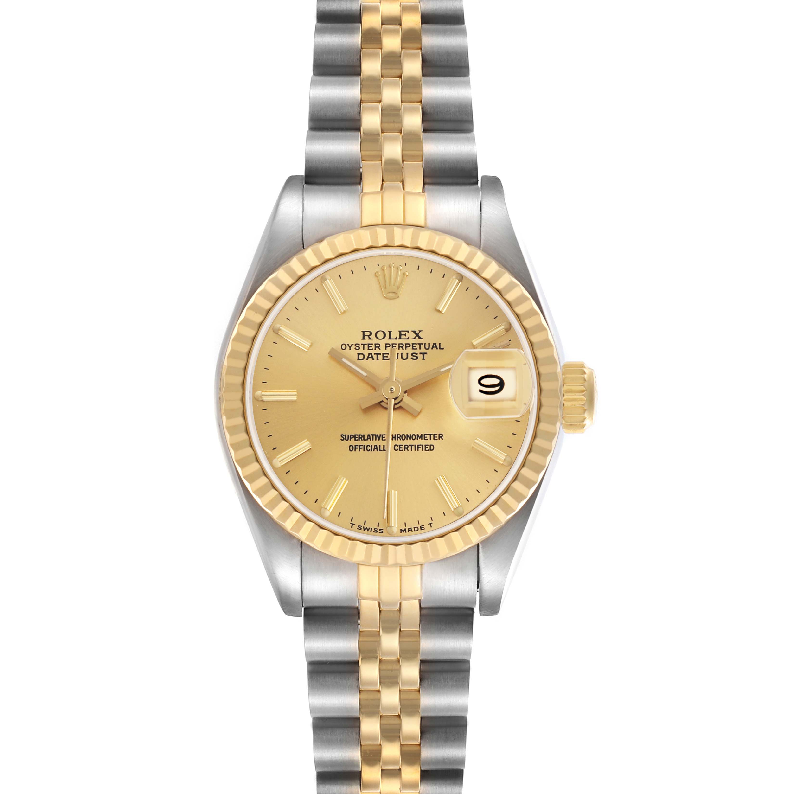 The Rolex Datejust 69173 Women
s Steel and Gold (two tone) Champagne Dial 69173 Women
s Steel and Gold (two tone) Champagne Dial watch is shown from the front, displaying its face, bezel, bracelet, and crown.