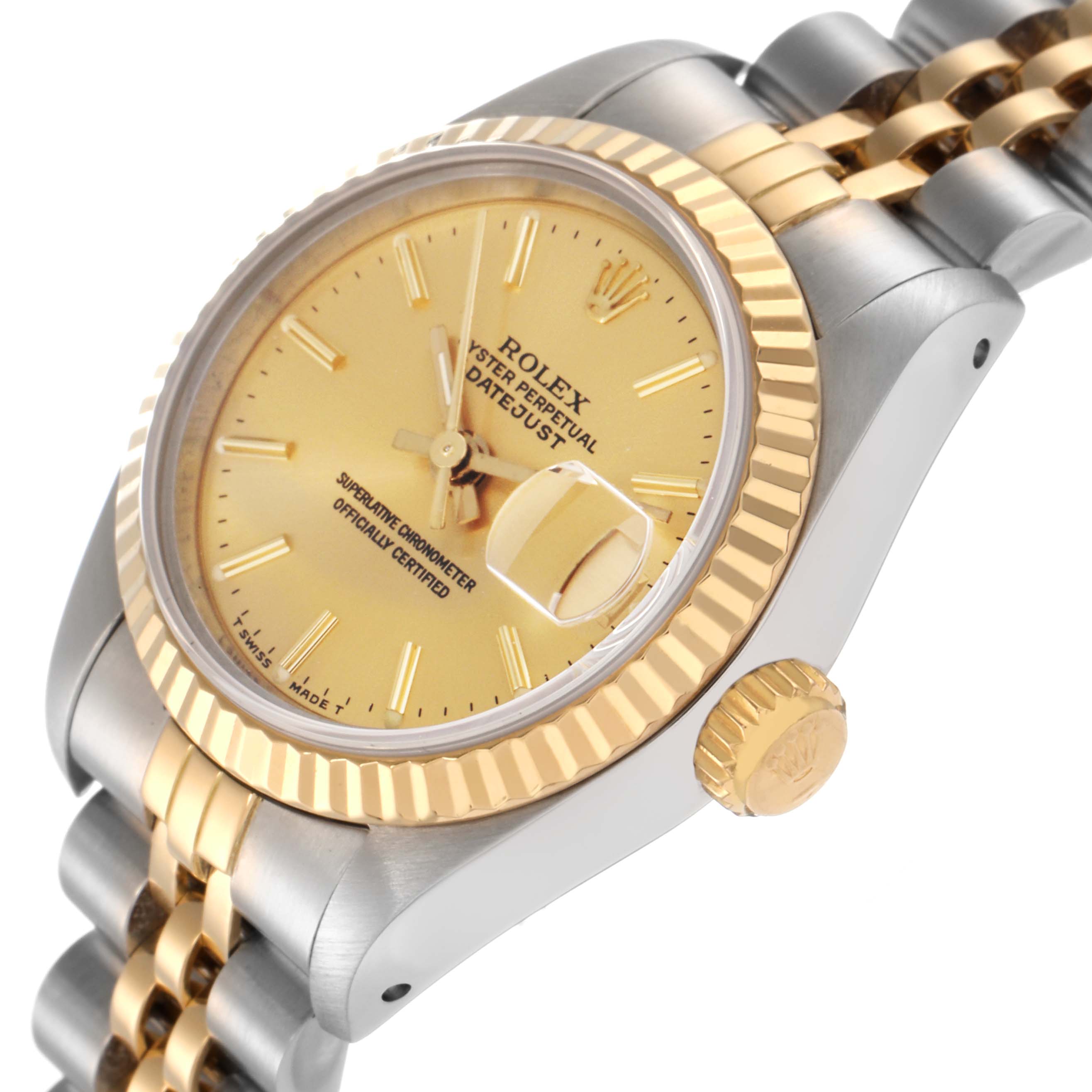 The Rolex Datejust 69173 Women
s Steel and Gold (two tone) Champagne Dial 69173 Women
s Steel and Gold (two tone) Champagne Dial watch is shown from a three-quarter angle, highlighting the dial, bezel, crown, and part of the bracelet.