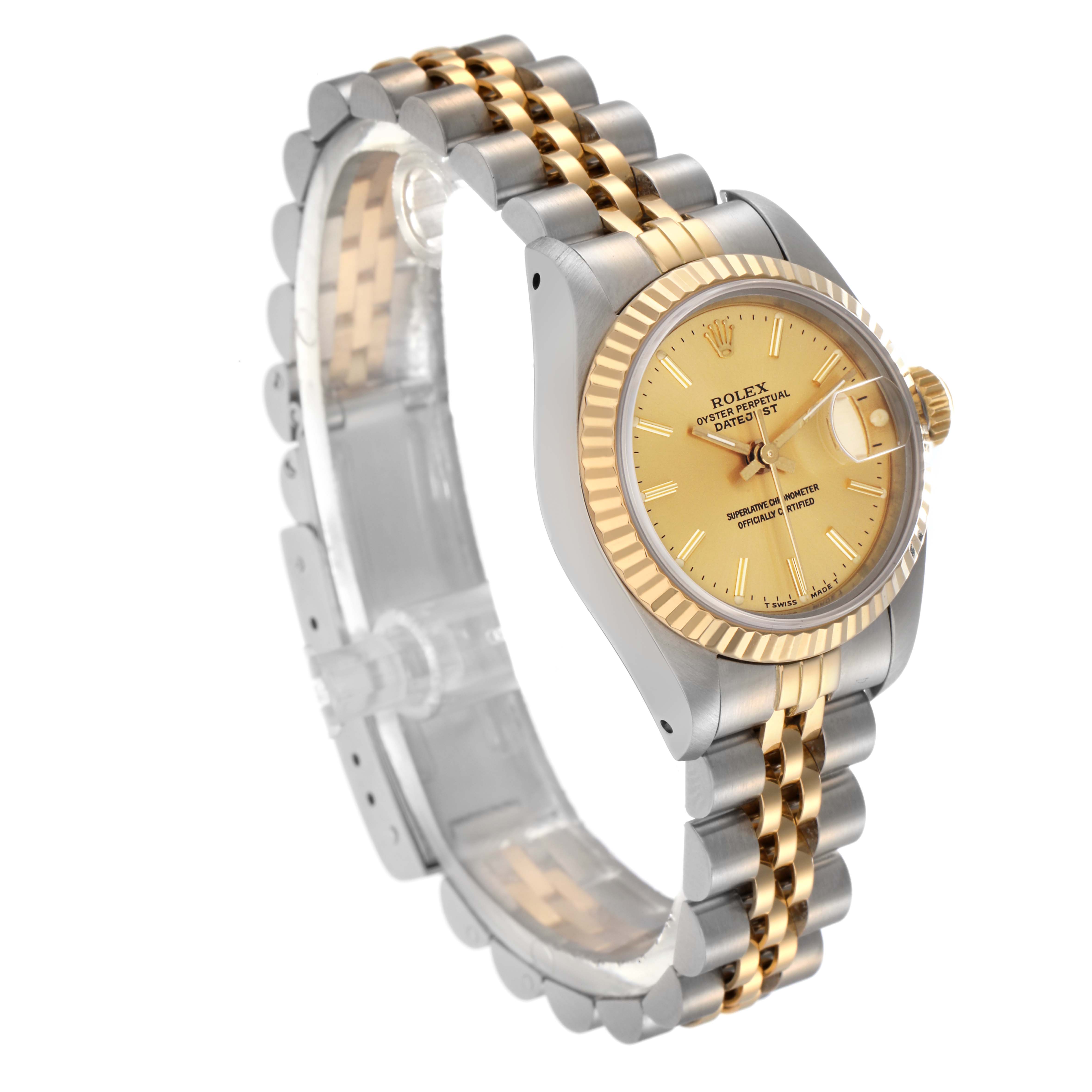 The Rolex Datejust 69173 Women
s Steel and Gold (two tone) Champagne Dial 69173 Women
s Steel and Gold (two tone) Champagne Dial watch is shown from a slightly angled side view, highlighting the gold and silver bracelet, bezel, and face.