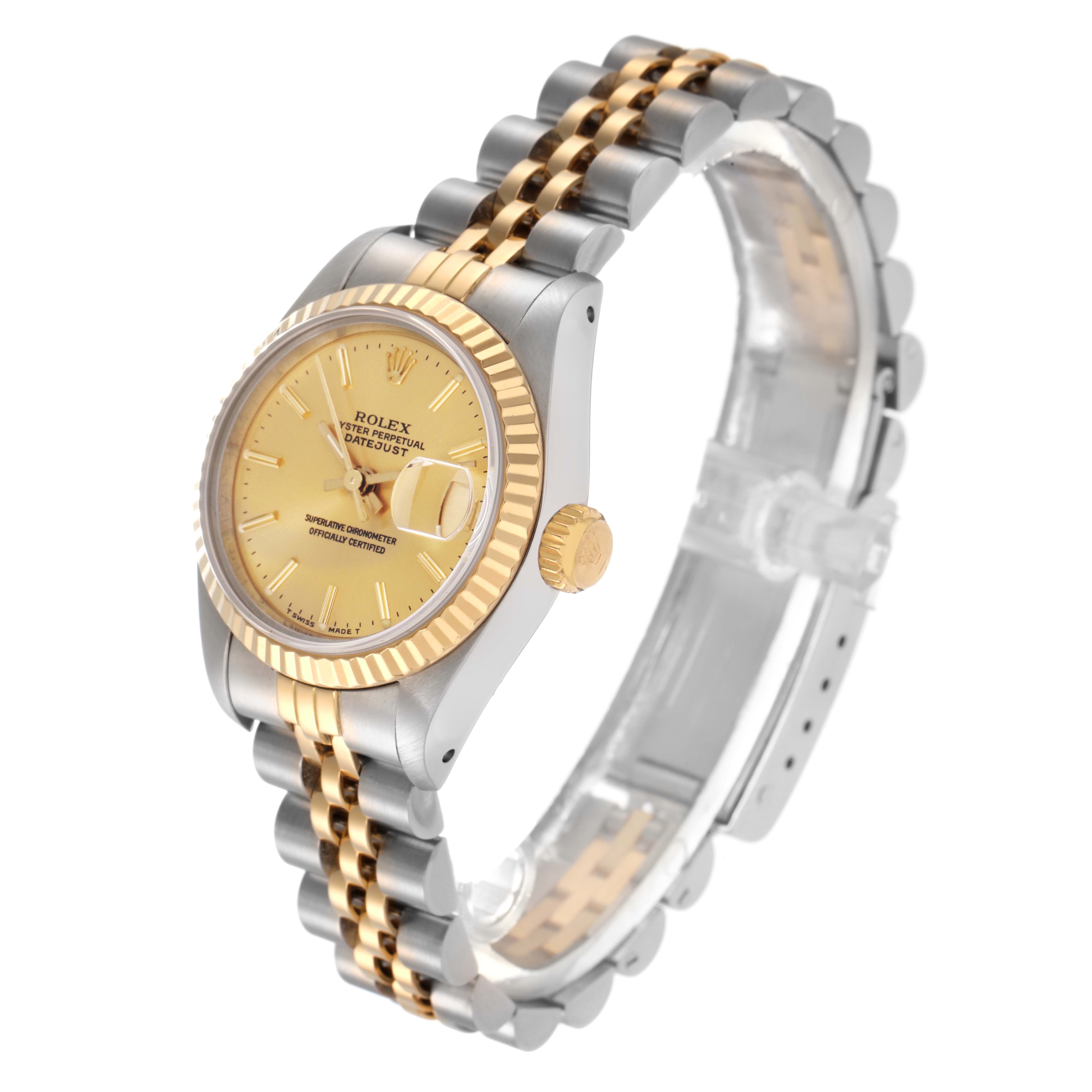 The Rolex Datejust 69173 Women
s Steel and Gold (two tone) Champagne Dial 69173 Women
s Steel and Gold (two tone) Champagne Dial watch is shown from an angled side view, highlighting the face, bezel, bracelet, and crown.