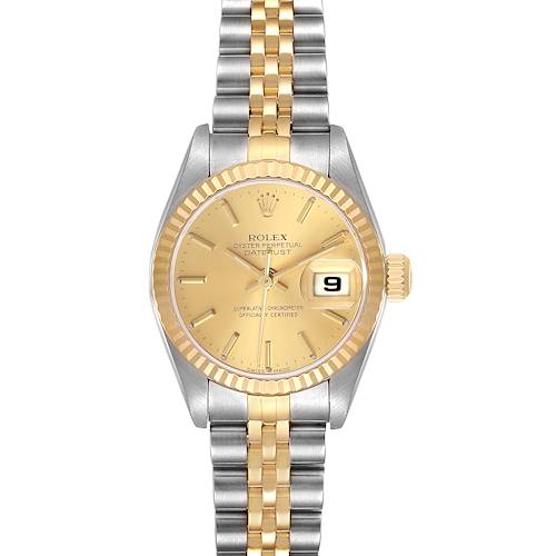 The Rolex Datejust watch is shown from the front, highlighting its gold dial, two-tone Jubilee bracelet, and date feature.