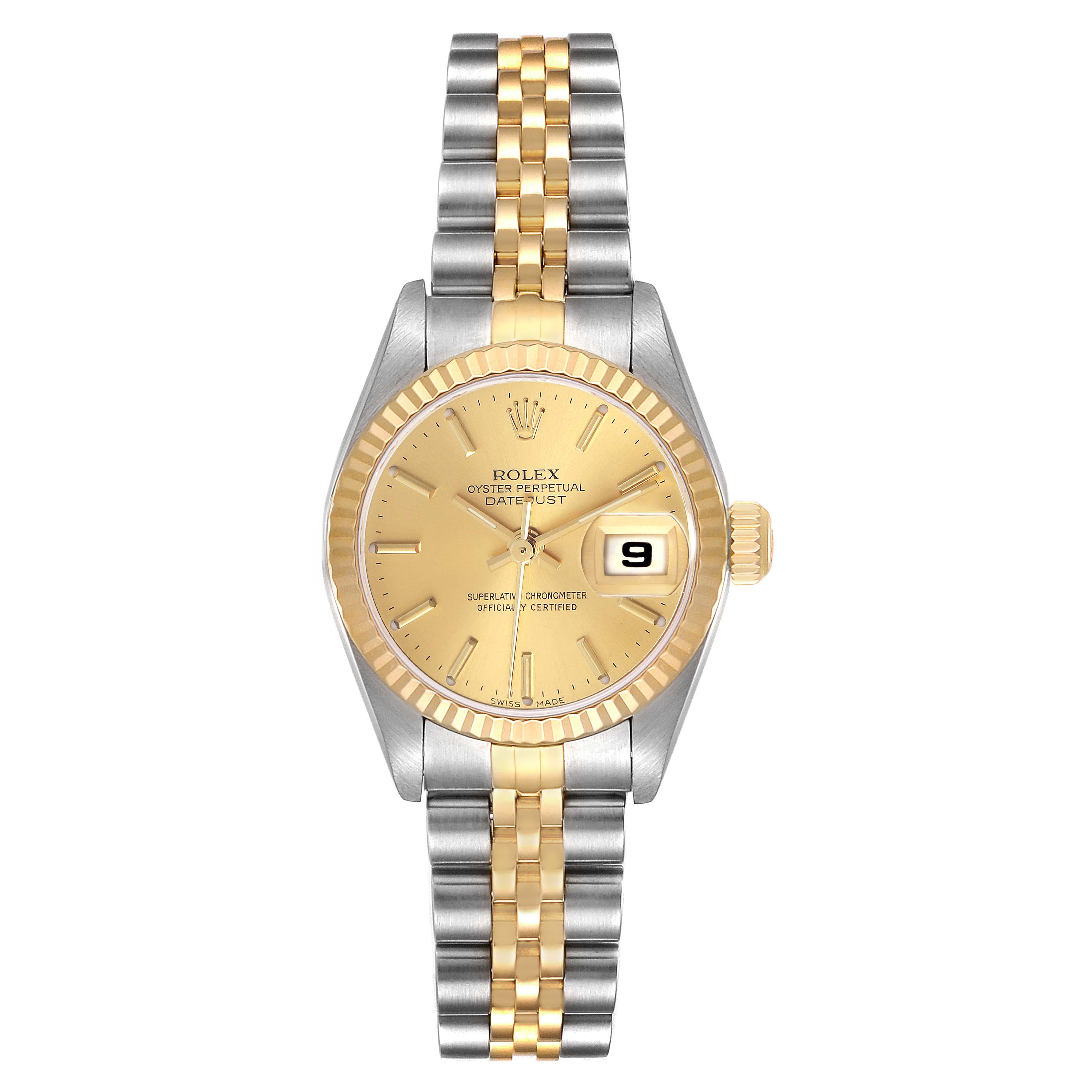 The image shows a Rolex Datejust 79173 Women
s Steel and Gold (two tone) Champagne Dial 79173 Women
s Steel and Gold (two tone) Champagne Dial watch from a top-down angle, highlighting its dial, bezel, crown, and two-tone bracelet.