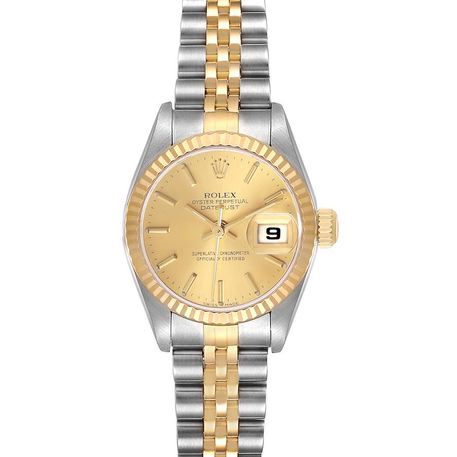 The Rolex Datejust is shown from a top-down angle, highlighting the gold dial, bezel, and two-tone bracelet.