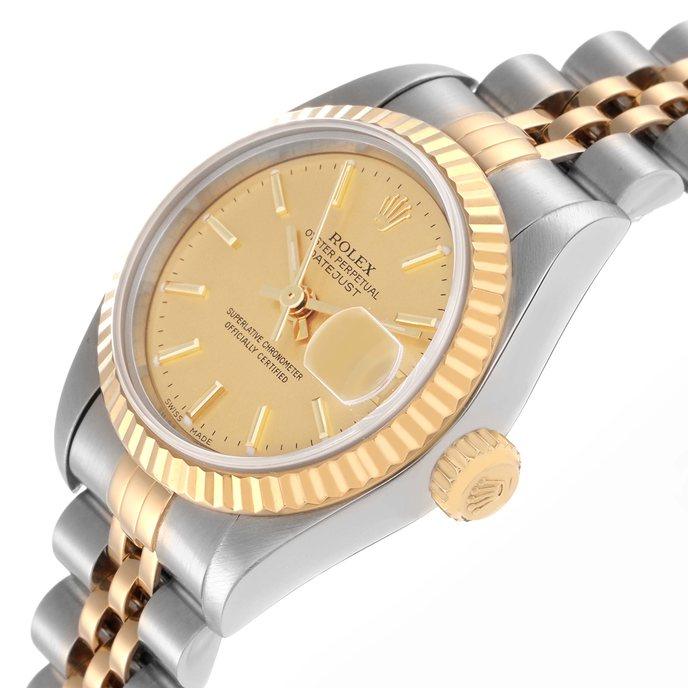 The Rolex Datejust 79173 Women
s Steel and Gold (two tone) Champagne Dial 79173 Women
s Steel and Gold (two tone) Champagne Dial watch is shown at a three-quarter angle, highlighting the dial, fluted bezel, crown, and two-tone bracelet.