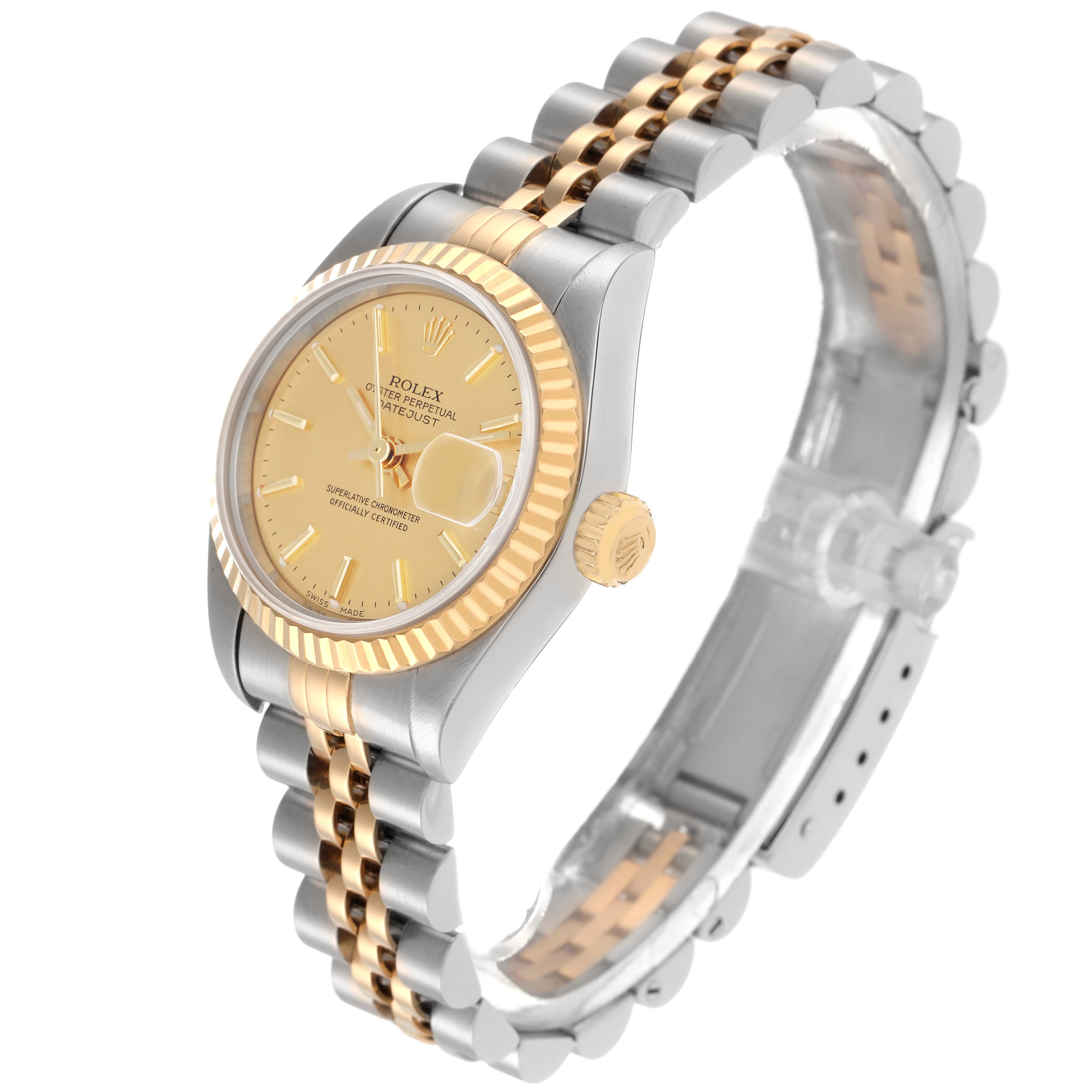 The Rolex Datejust 79173 Women
s Steel and Gold (two tone) Champagne Dial 79173 Women
s Steel and Gold (two tone) Champagne Dial watch is shown at an angled side view, highlighting the face, bezel, crown, and two-tone bracelet.