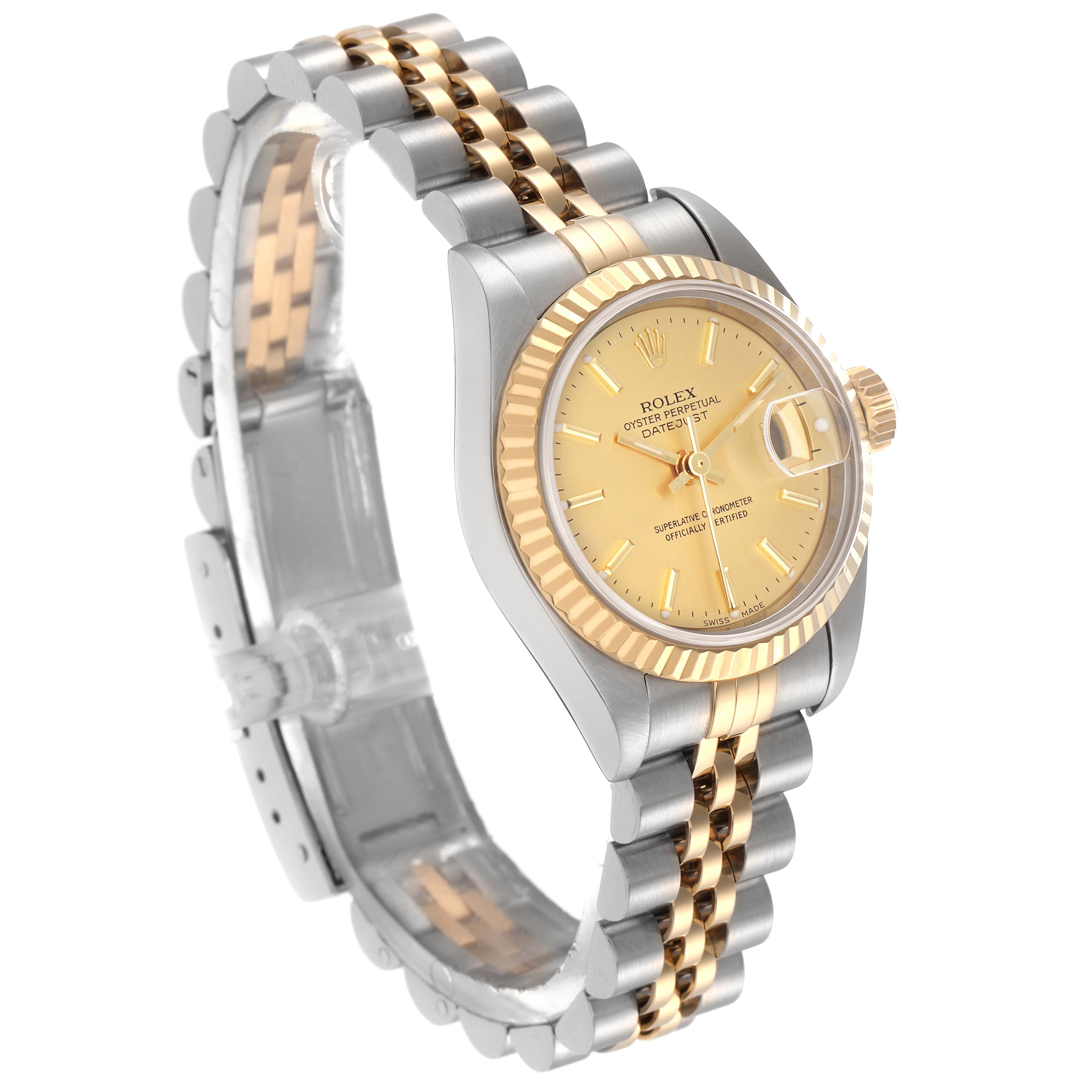 The Rolex Datejust 79173 Women
s Steel and Gold (two tone) Champagne Dial 79173 Women
s Steel and Gold (two tone) Champagne Dial is shown at a three-quarter angle, displaying the dial, gold bezel, and bi-metal bracelet.