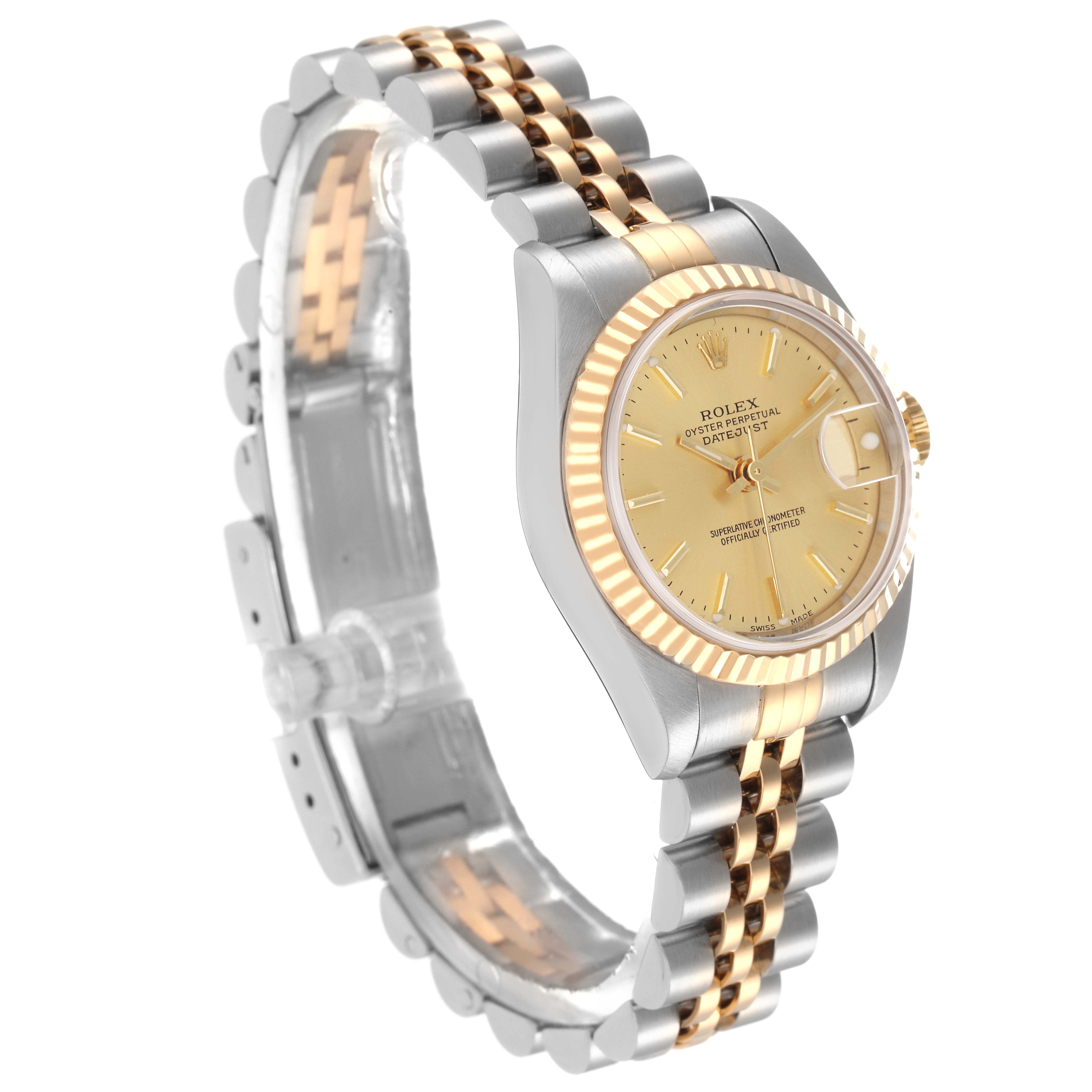 The Rolex Datejust 79173 Women
s Steel and Gold (two tone) Champagne Dial 79173 Women
s Steel and Gold (two tone) Champagne Dial watch is shown at an angled side view, highlighting its dial, bezel, and two-tone bracelet.