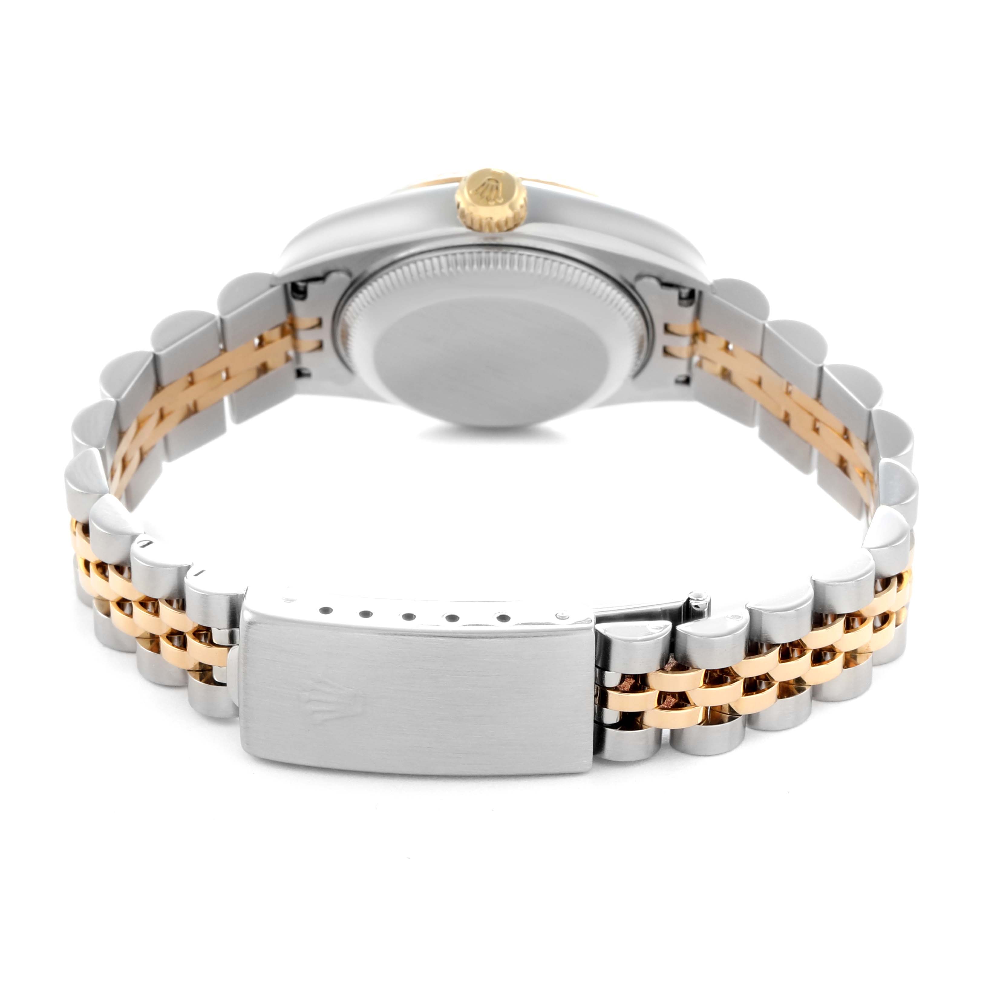 The image shows the back view of a Rolex Datejust 79173 Women
s Steel and Gold (two tone) Champagne Dial 79173 Women
s Steel and Gold (two tone) Champagne Dial watch, highlighting the clasp and Jubilee bracelet.