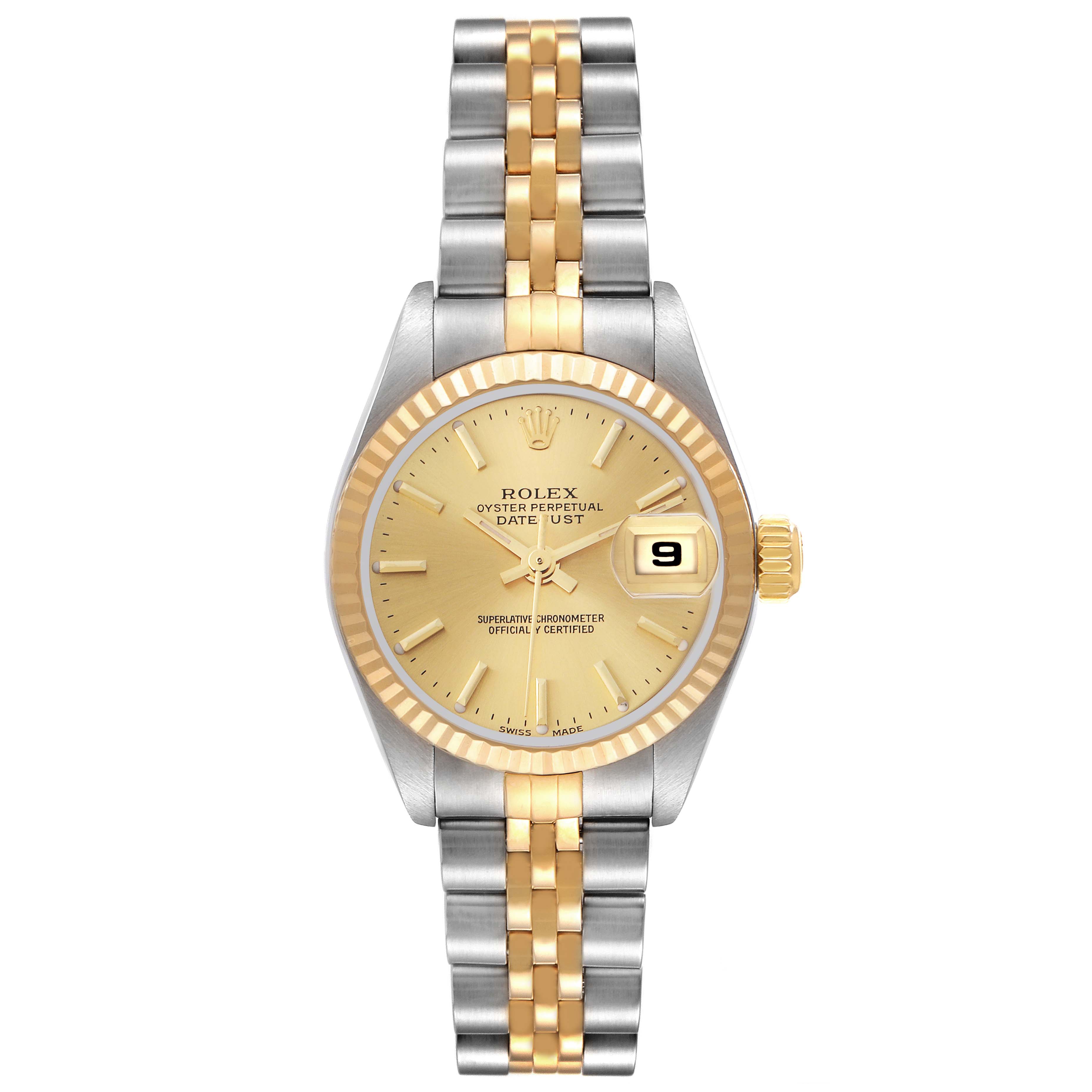 The Rolex Datejust 79173 Women
s Steel and Gold (two tone) Champagne Dial 79173 Women
s Steel and Gold (two tone) Champagne Dial watch is shown from the front, displaying the dial, bezel, and two-tone bracelet.