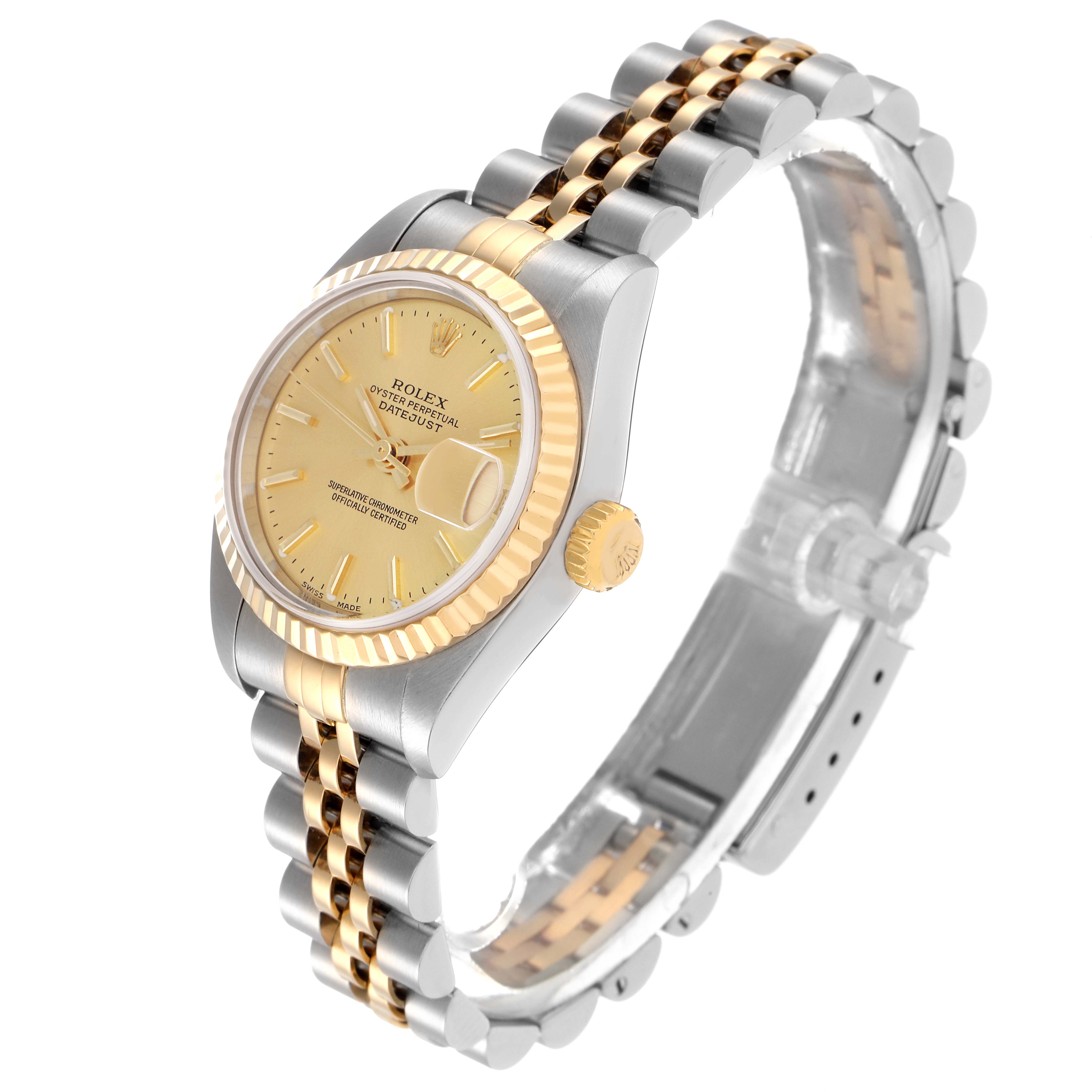 The Rolex Datejust 79173 Women
s Steel and Gold (two tone) Champagne Dial 79173 Women
s Steel and Gold (two tone) Champagne Dial watch is shown at a three-quarter angle, highlighting the dial, bezel, crown, and two-tone Jubilee bracelet.