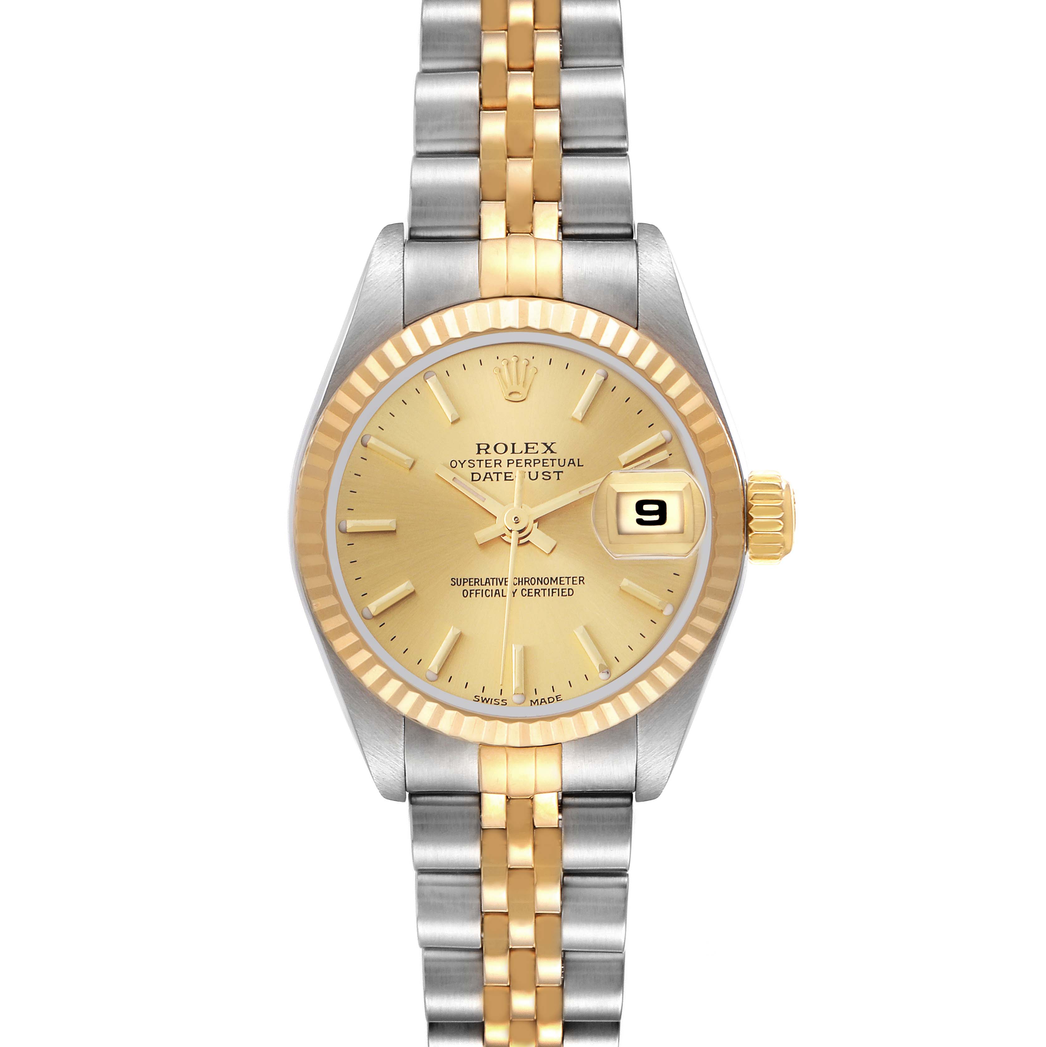 The Rolex Datejust 79173 Women
s Steel and Gold (two tone) Champagne Dial 79173 Women
s Steel and Gold (two tone) Champagne Dial watch is shown from a top-down angle, highlighting the dial, fluted bezel, and two-tone bracelet.