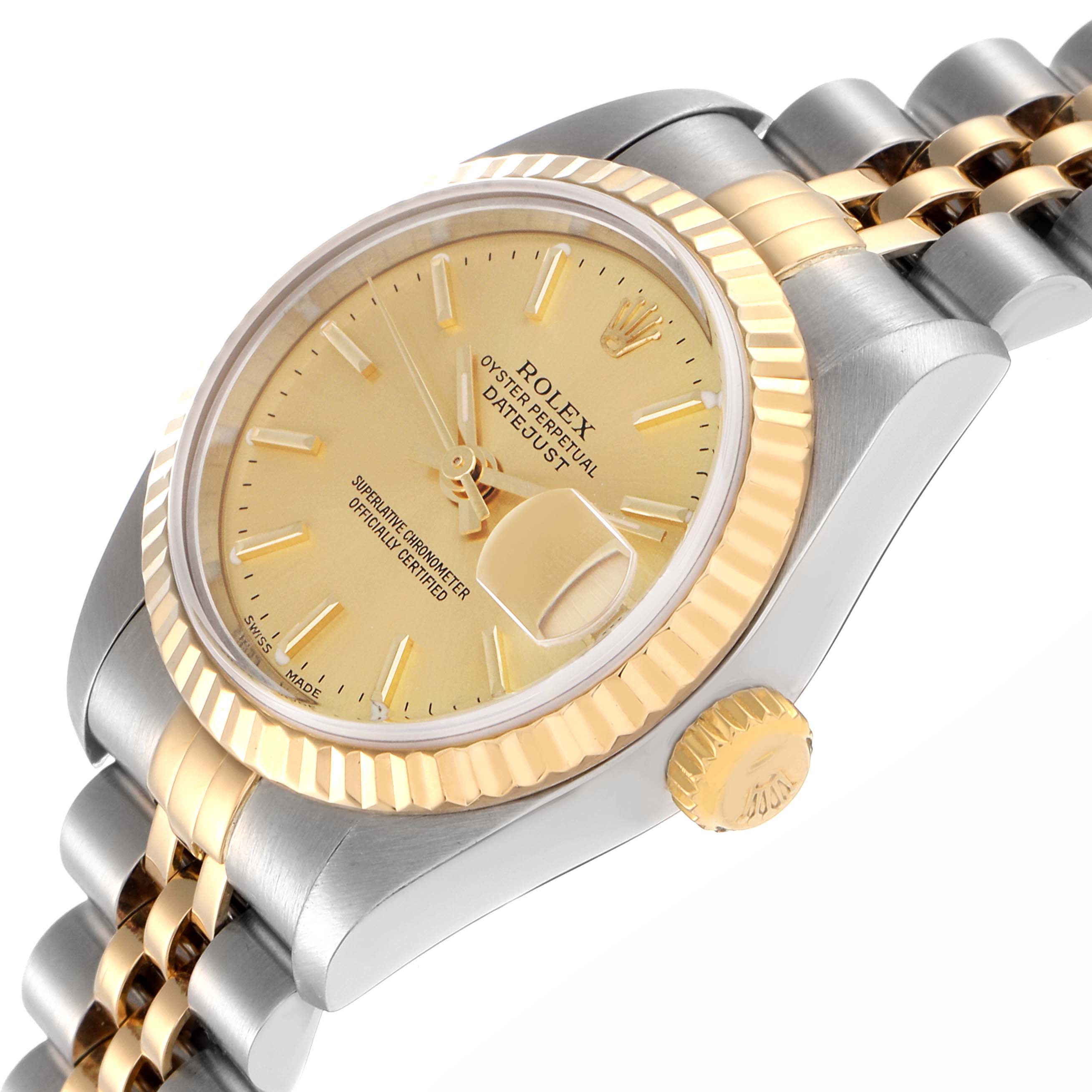 The Rolex Datejust 79173 Women
s Steel and Gold (two tone) Champagne Dial 79173 Women
s Steel and Gold (two tone) Champagne Dial watch is shown at an angle highlighting the dial, fluted bezel, crown, and part of the bracelet.