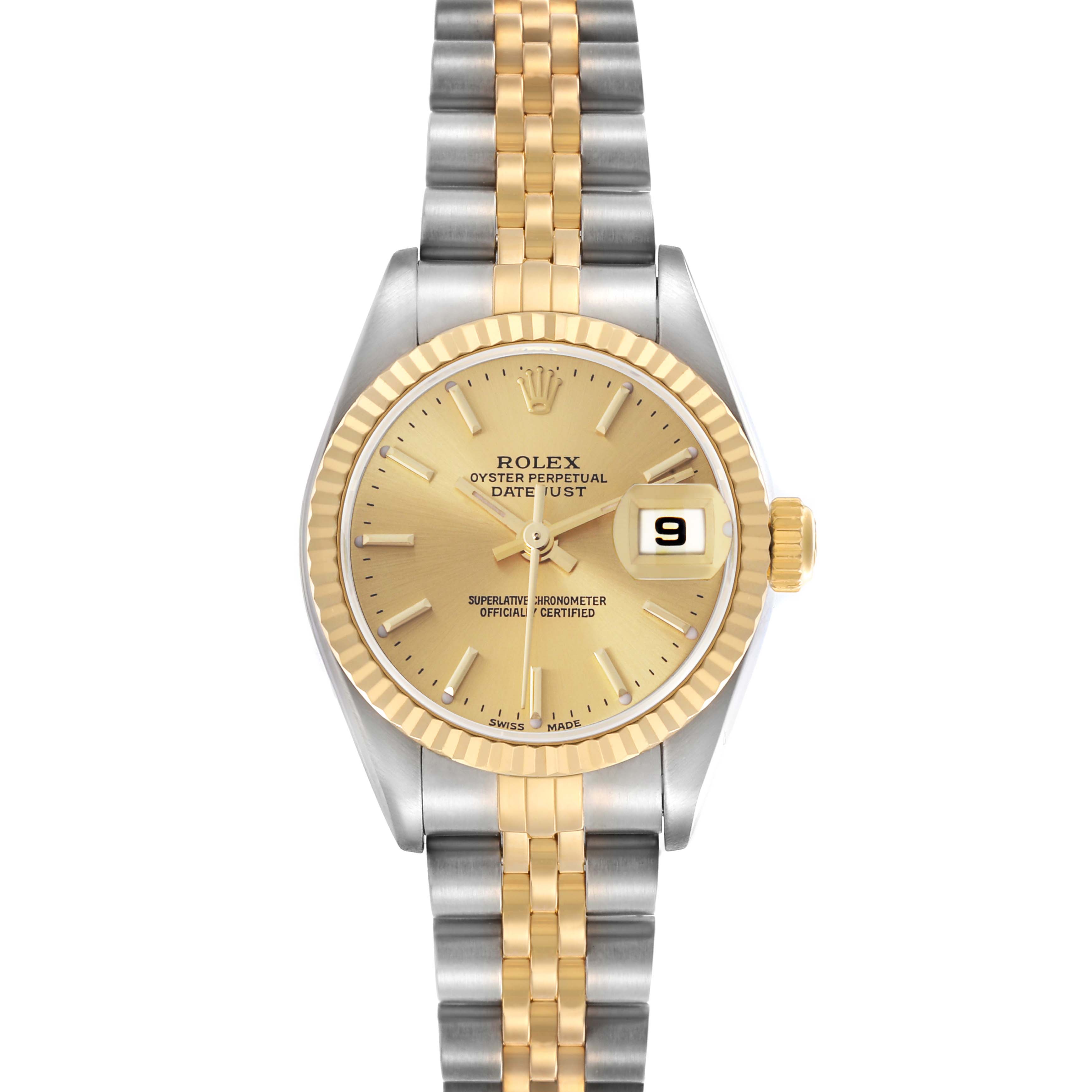 The Rolex Datejust 79173 Women
s Steel and Gold (two tone) Champagne Dial 79173 Women
s Steel and Gold (two tone) Champagne Dial watch is shown from a top-down angle, highlighting the two-tone bracelet, fluted bezel, and dial with a date window.