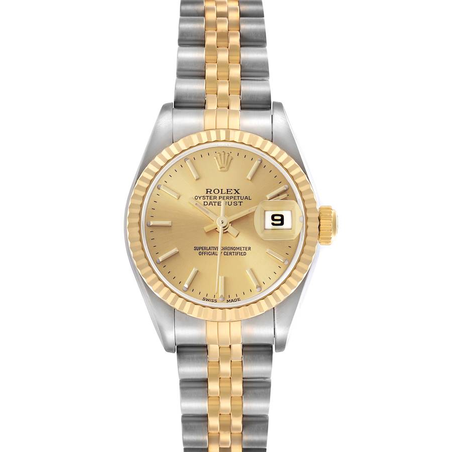 The Rolex Datejust watch is shown from a top-down angle, highlighting the two-tone bracelet, fluted bezel, and dial with a date window.