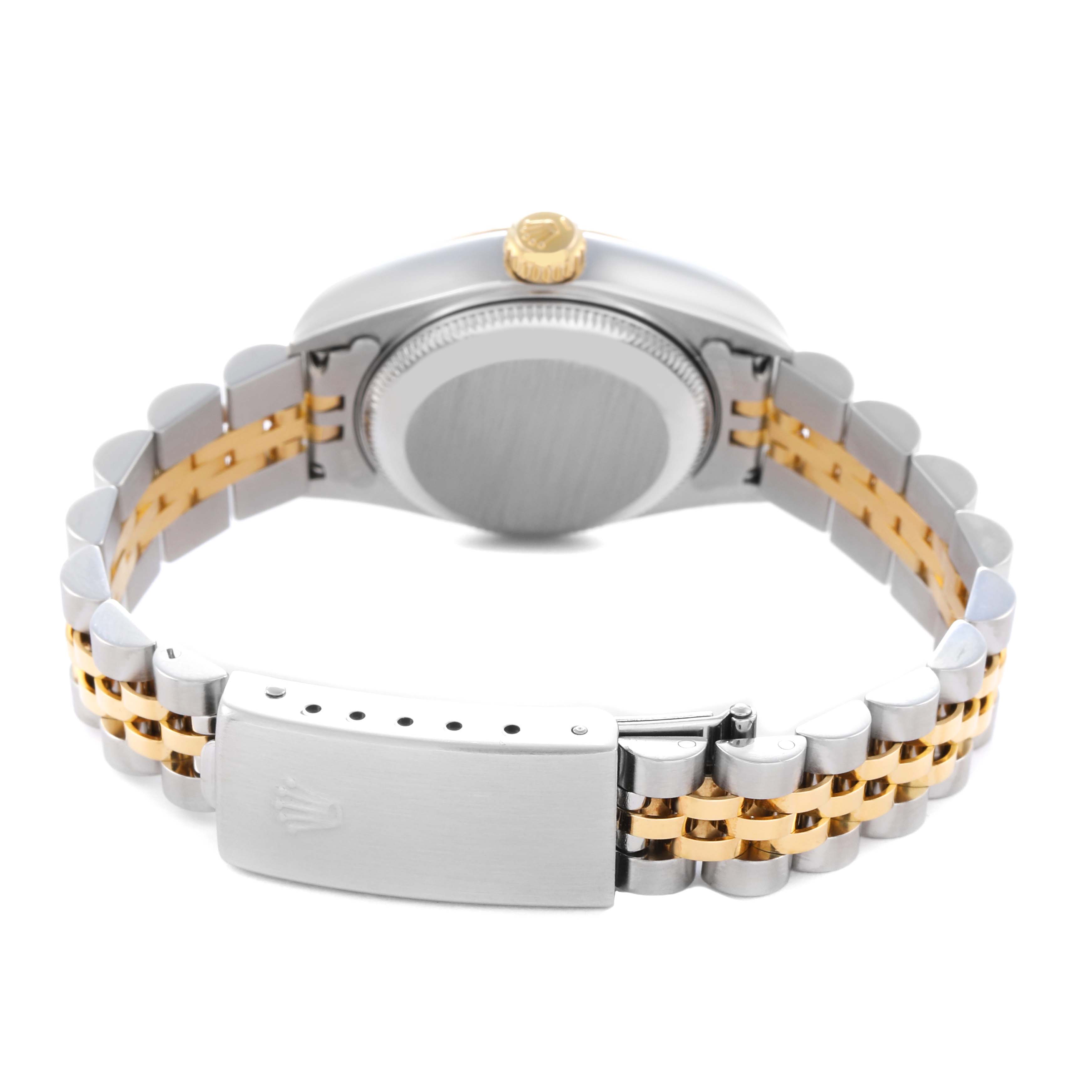 The Rolex Datejust 79173 Women
s Steel and Gold (two tone) Champagne Dial 79173 Women
s Steel and Gold (two tone) Champagne Dial watch is shown from the back, highlighting the clasp, band, and caseback.