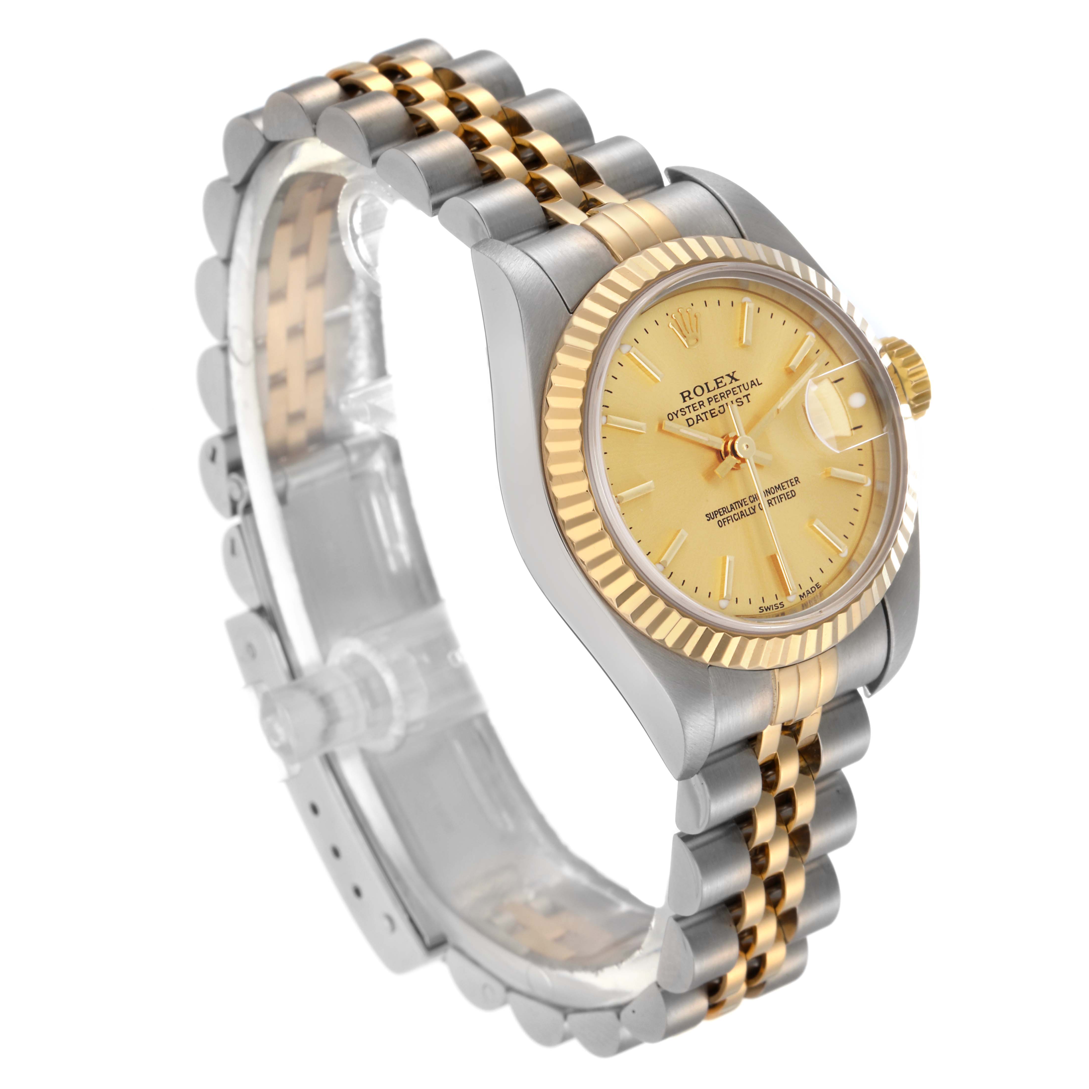 The Rolex Datejust 79173 Women
s Steel and Gold (two tone) Champagne Dial 79173 Women
s Steel and Gold (two tone) Champagne Dial watch is shown from a three-quarter angle, displaying the face, bezel, crown, and bracelet.