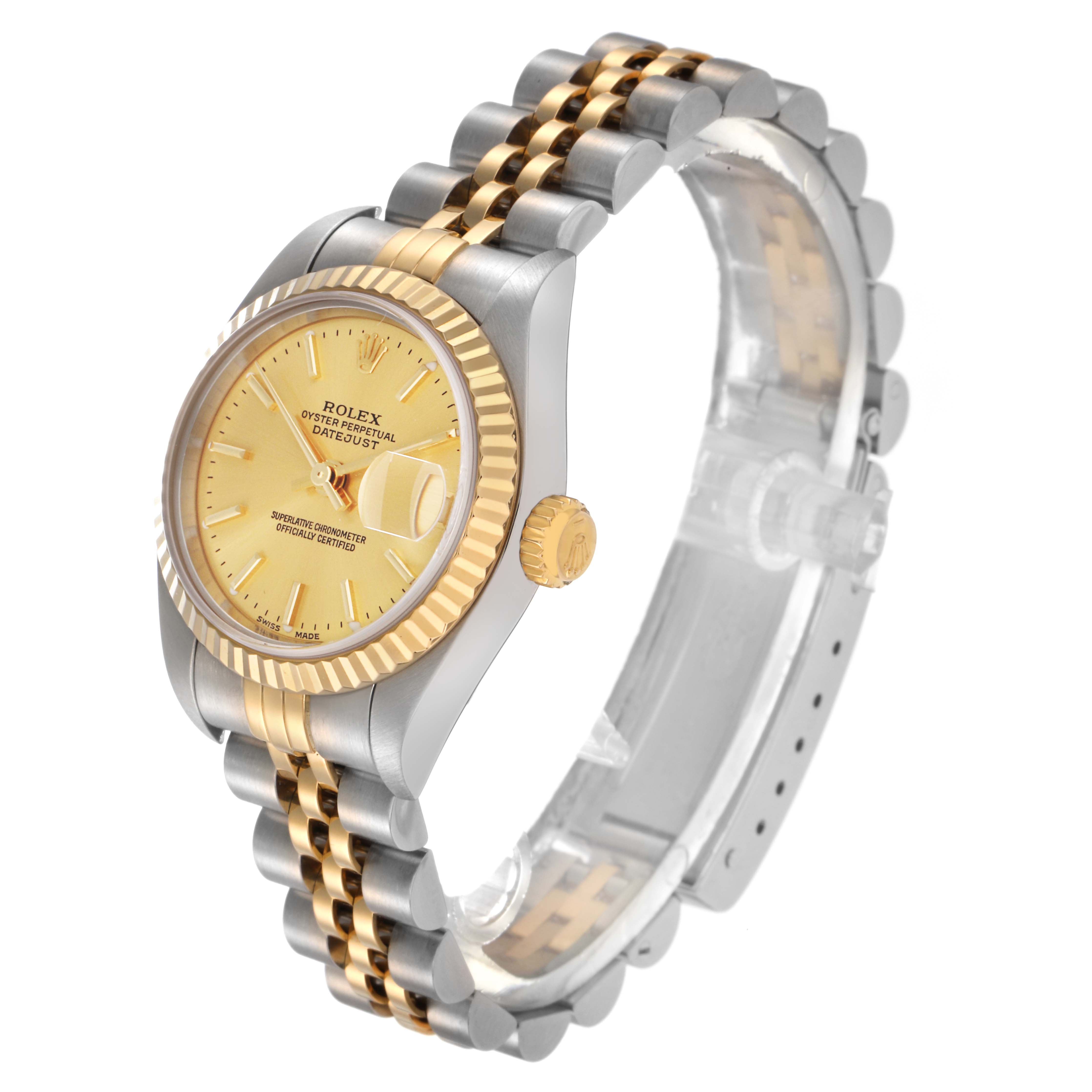 The Rolex Datejust 79173 Women
s Steel and Gold (two tone) Champagne Dial 79173 Women
s Steel and Gold (two tone) Champagne Dial watch is shown at a three-quarter angle, highlighting the two-tone bracelet, gold fluted bezel, and champagne dial.