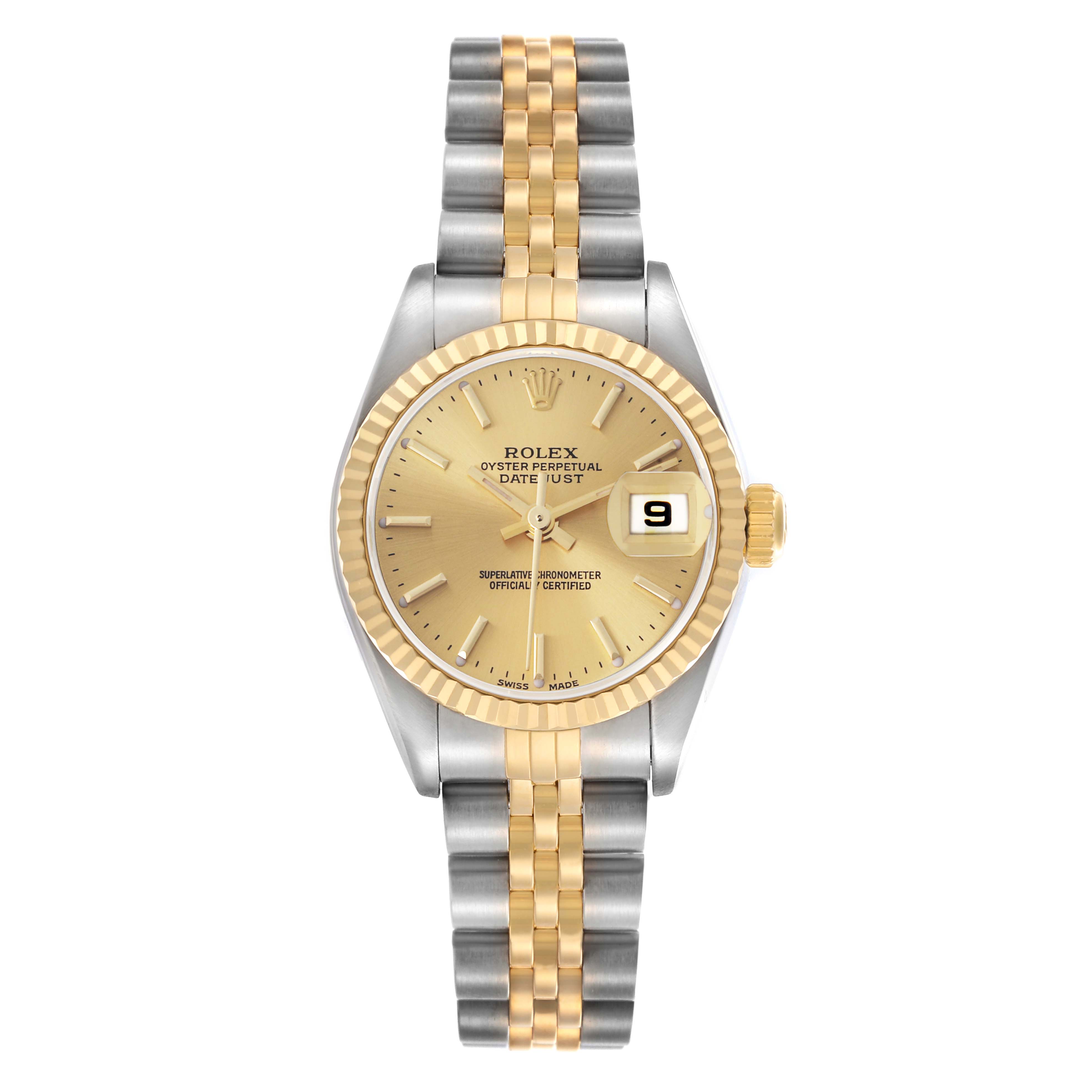 The Rolex Datejust 79173 Women
s Steel and Gold (two tone) Champagne Dial 79173 Women
s Steel and Gold (two tone) Champagne Dial watch is shown from a top view, displaying its dial, two-tone bracelet, and fluted bezel.