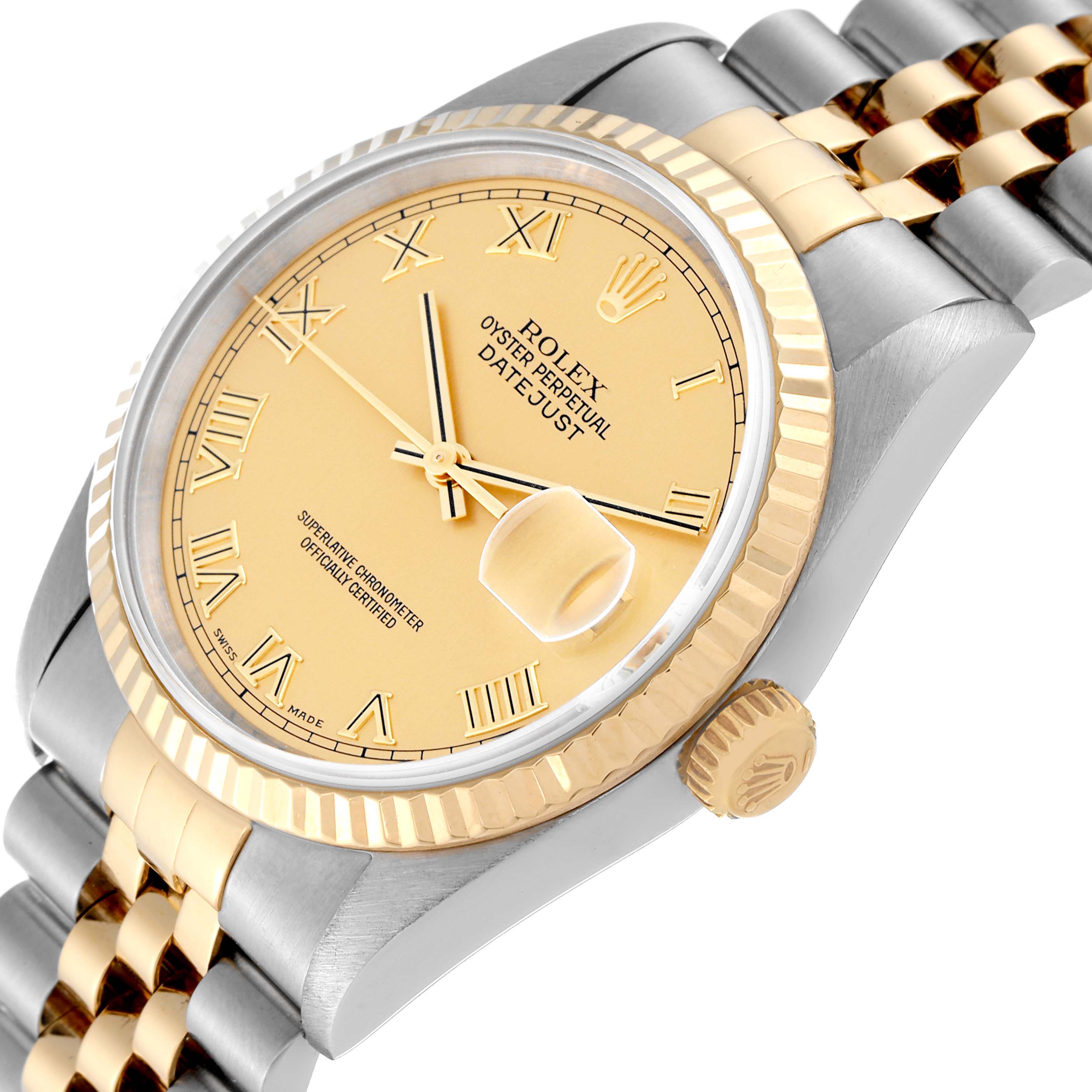 This image shows an angled view of the Rolex Datejust 16233 Men's Steel and Gold (two tone) Champagne Dial 16233 Men's Steel and Gold (two tone) Champagne Dial watch's face, bezel, crown, and part of its two-tone bracelet.