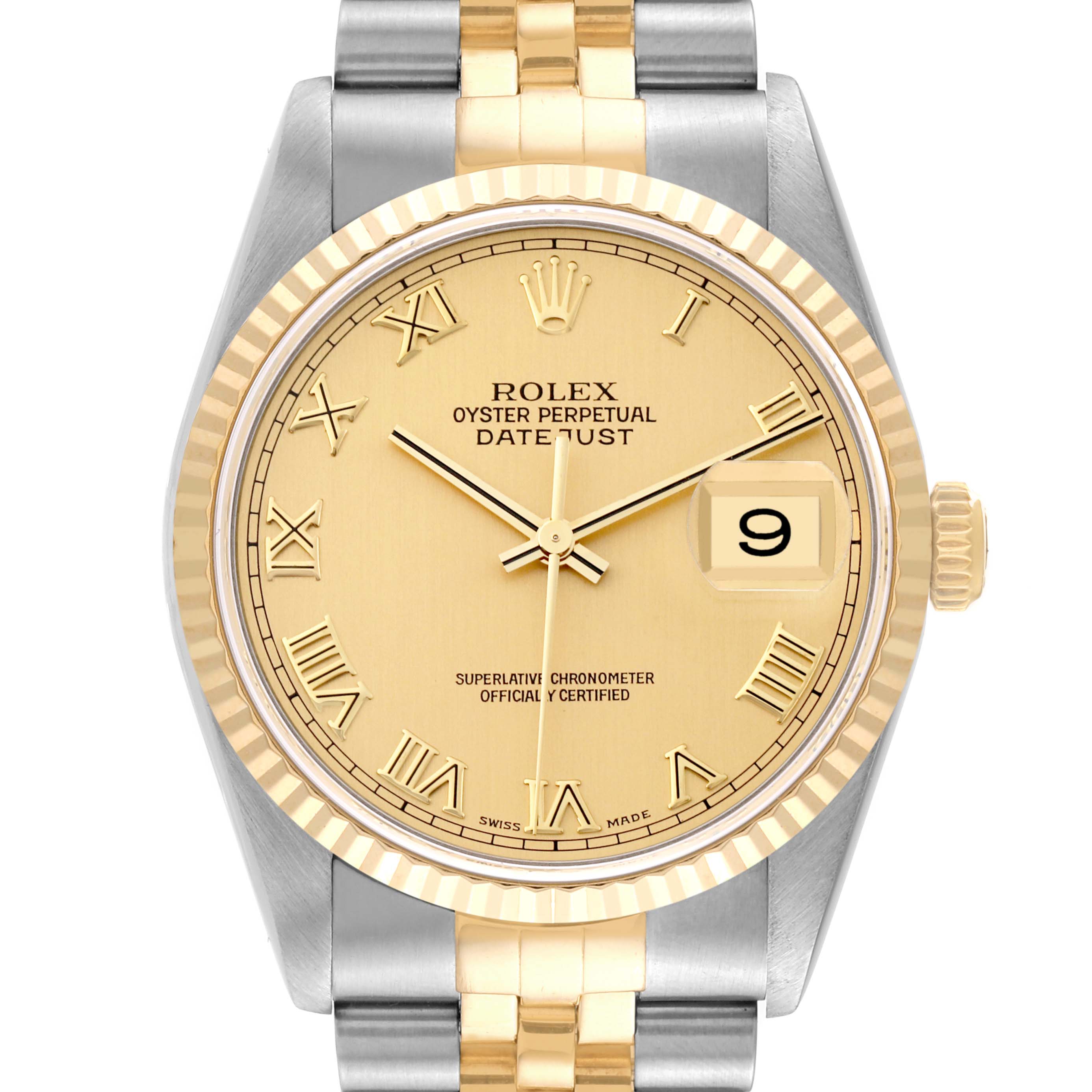 The image shows a front view of a Rolex Datejust 16233 Men's Steel and Gold (two tone) Champagne Dial 16233 Men's Steel and Gold (two tone) Champagne Dial watch, highlighting its gold dial, fluted bezel, and two-tone bracelet.