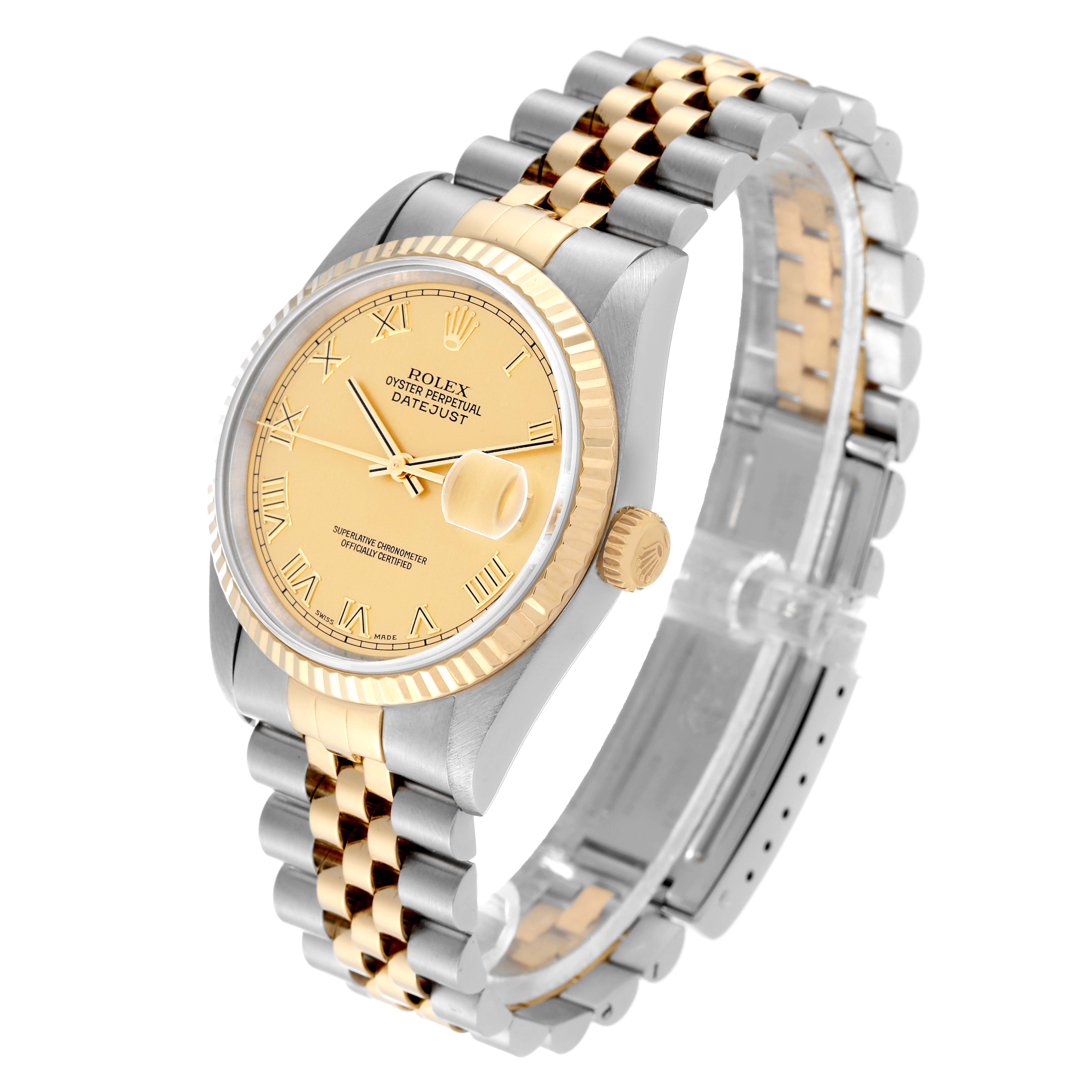The Rolex Datejust 16233 Men's Steel and Gold (two tone) Champagne Dial 16233 Men's Steel and Gold (two tone) Champagne Dial watch is shown at a slight angle, highlighting the dial, bezel, crown, and Jubilee bracelet.