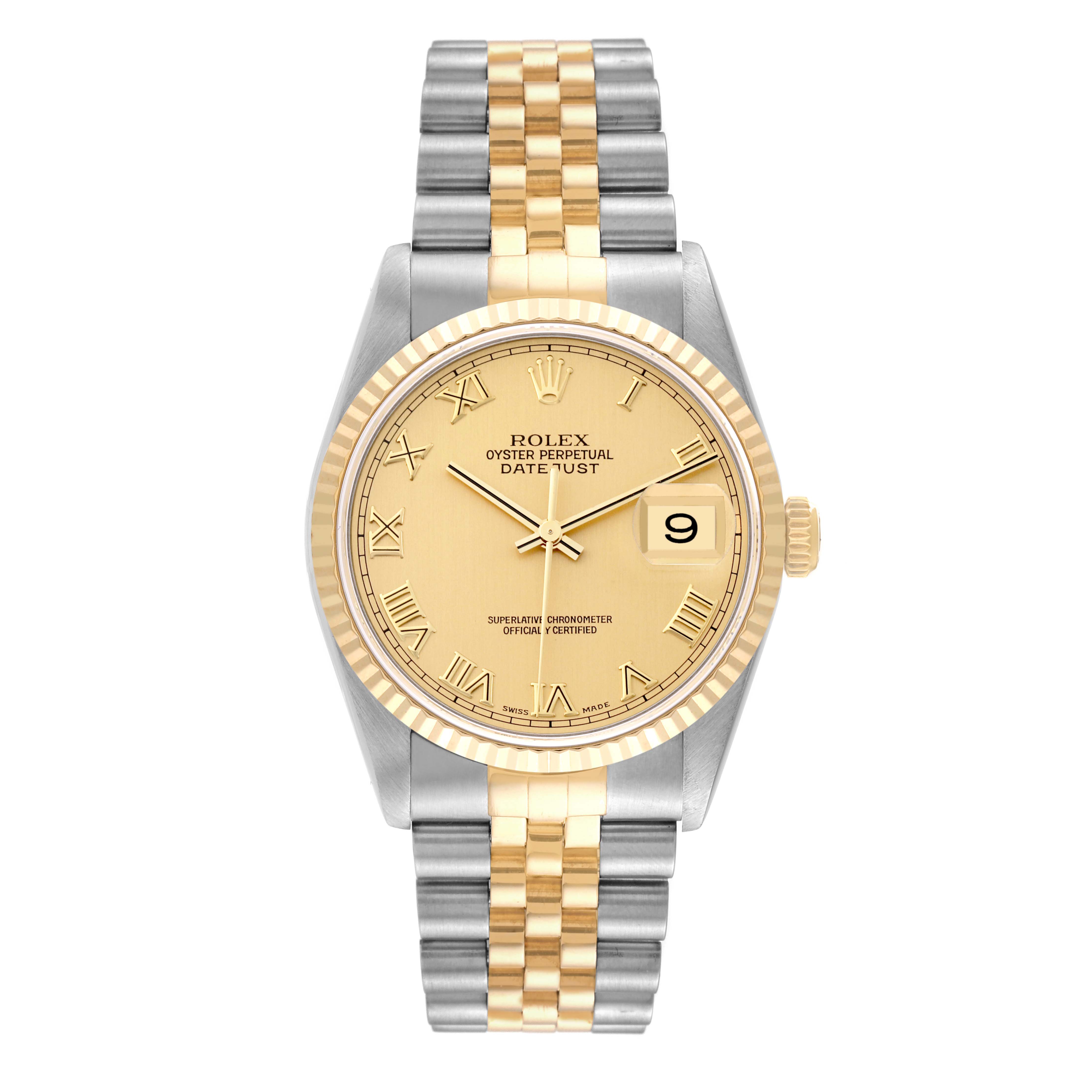 This image shows a Rolex Datejust 16233 Men's Steel and Gold (two tone) Champagne Dial 16233 Men's Steel and Gold (two tone) Champagne Dial watch with a two-tone bracelet, gold dial, and date display at 3 o'clock from a front view angle.