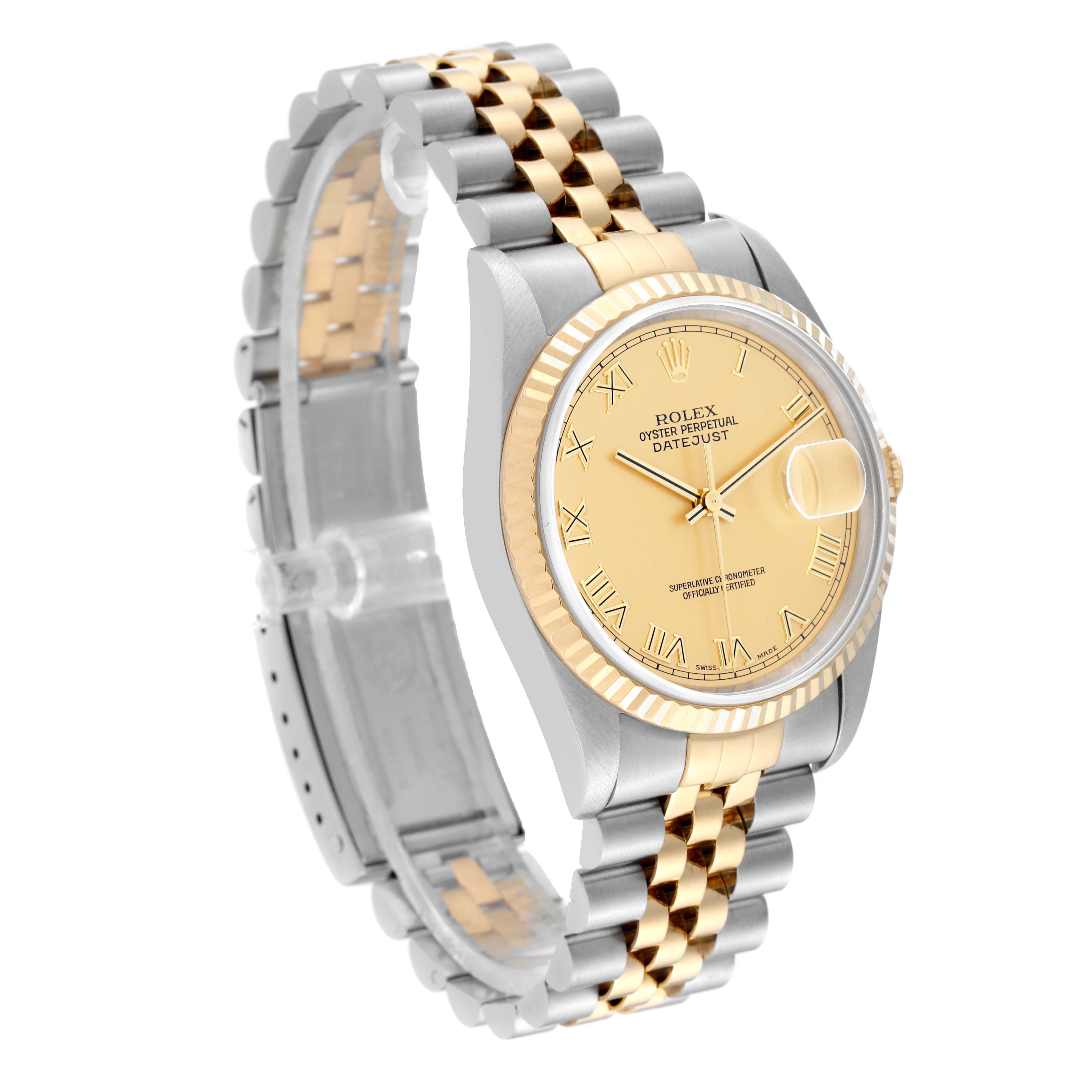 The Rolex Datejust 16233 Men's Steel and Gold (two tone) Champagne Dial 16233 Men's Steel and Gold (two tone) Champagne Dial watch is shown at a three-quarter angle, revealing the gold and stainless steel bracelet, bezel, and dial.