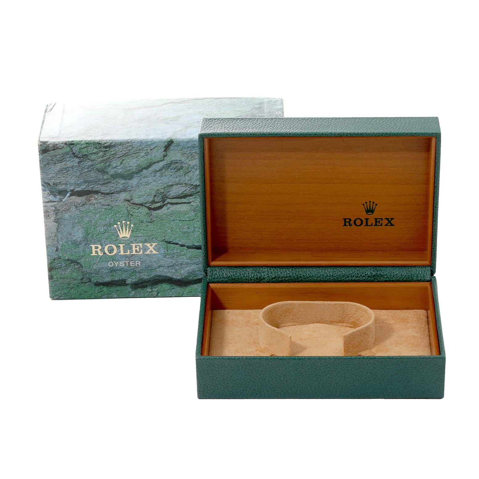 The image shows a green Rolex Datejust 16233 Men's Steel and Gold (two tone) Champagne Dial 16233 Men's Steel and Gold (two tone) Champagne Dial watch box and its inner cushion holder, photographed from the front angle.