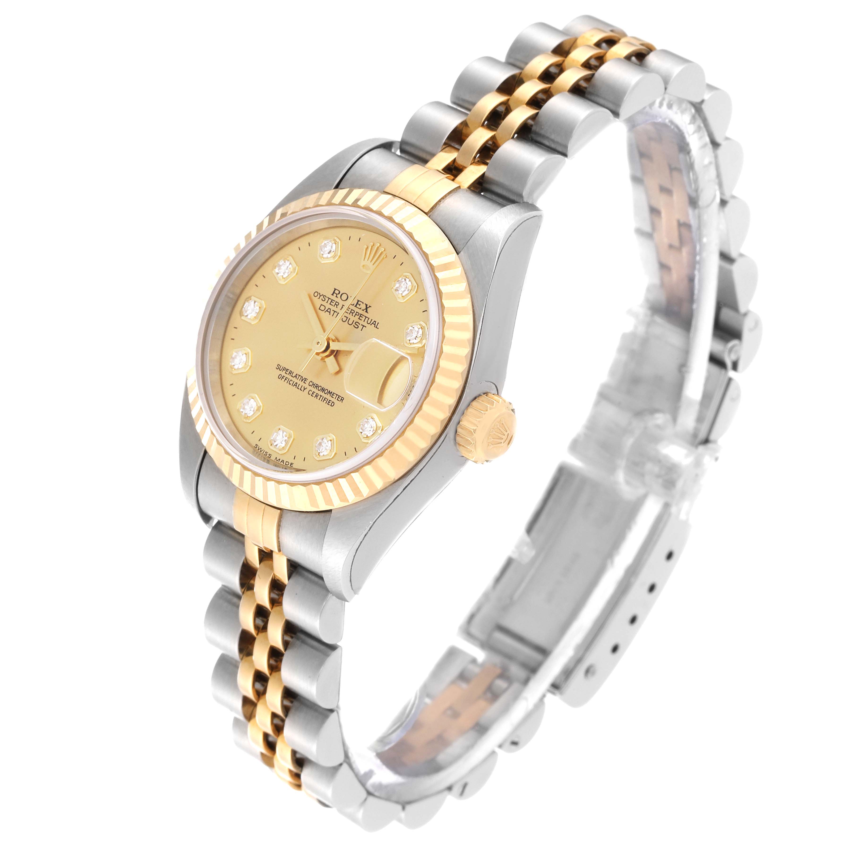 This image shows a Rolex Datejust 79173G Women's Steel and Gold (two tone) Champagne Dial 79173G Women's Steel and Gold (two tone) Champagne Dial watch at an angled view, highlighting its gold dial, fluted bezel, and two-tone Jubilee bracelet.
