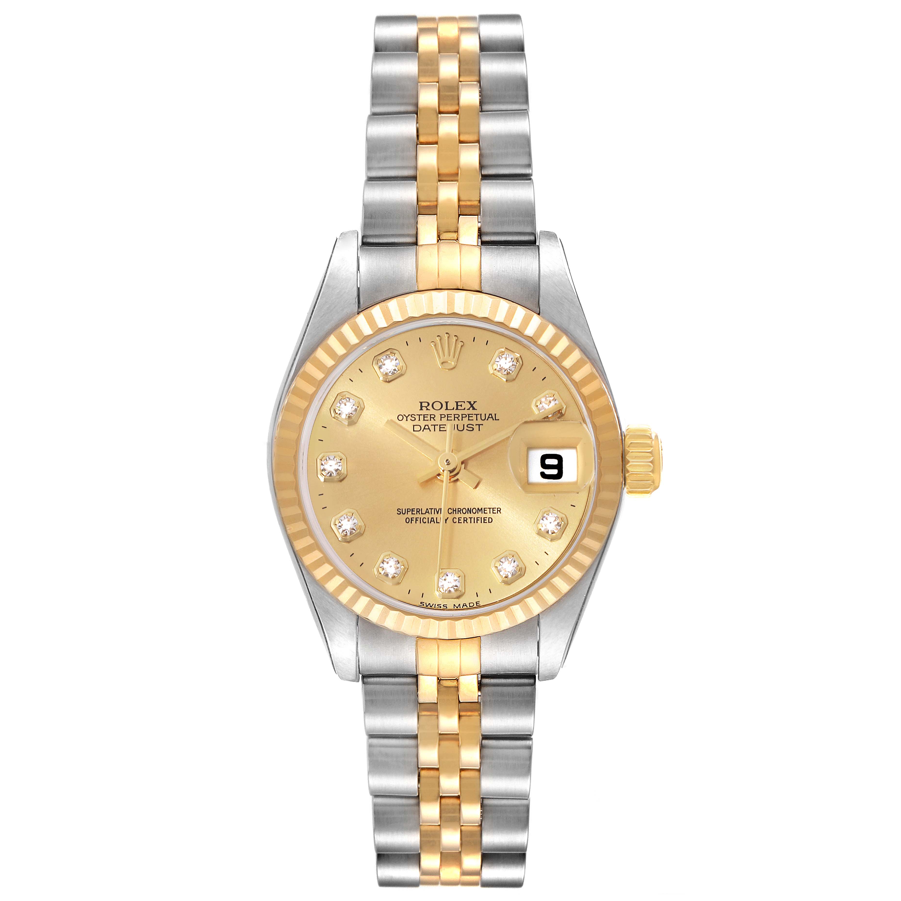 The image shows a front view of a Rolex Datejust 79173G Women's Steel and Gold (two tone) Champagne Dial 79173G Women's Steel and Gold (two tone) Champagne Dial watch with a two-tone bracelet and a gold dial.