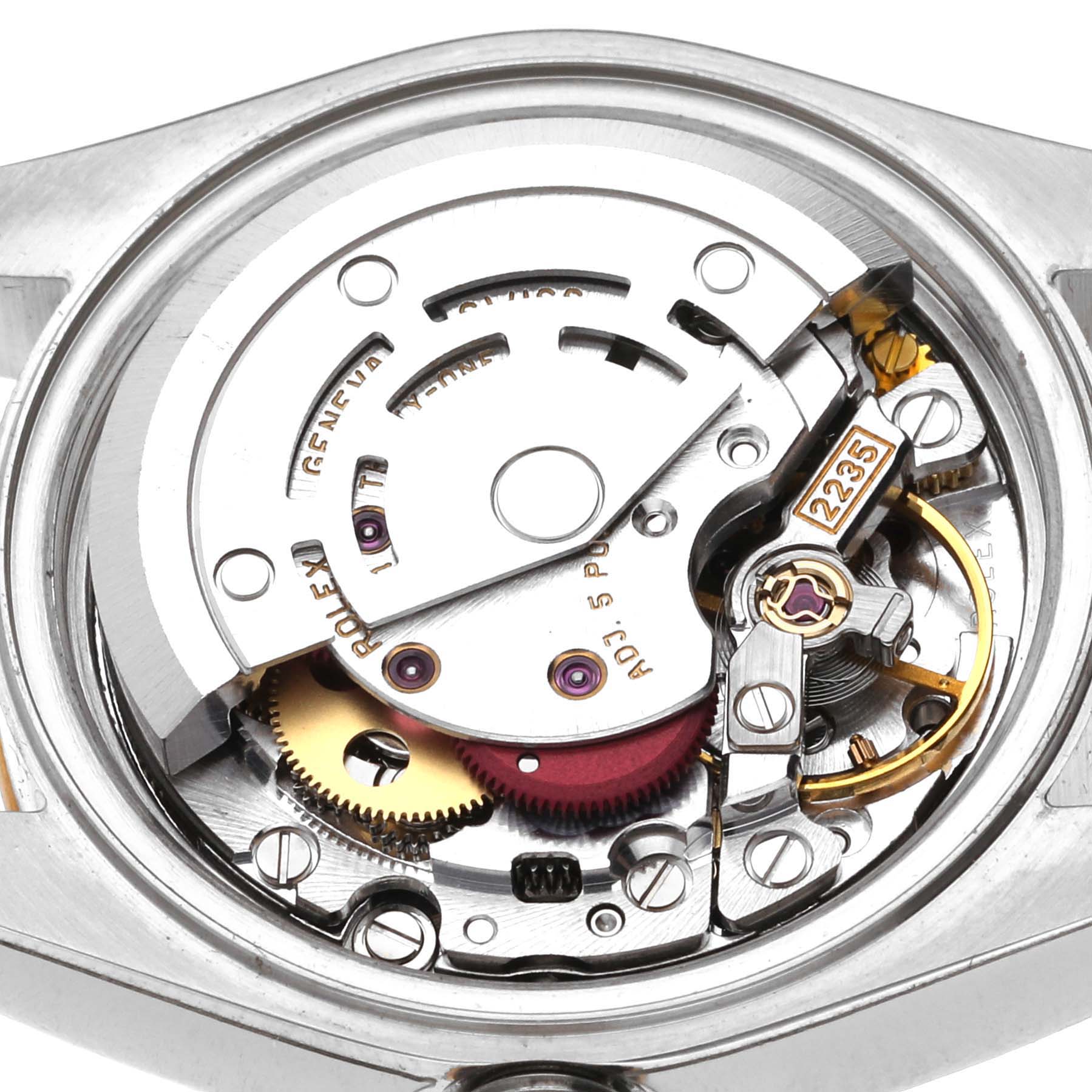 This image shows a detailed view of the movement mechanism inside the Rolex Datejust 79173G Women's Steel and Gold (two tone) Champagne Dial 79173G Women's Steel and Gold (two tone) Champagne Dial watch from the back.