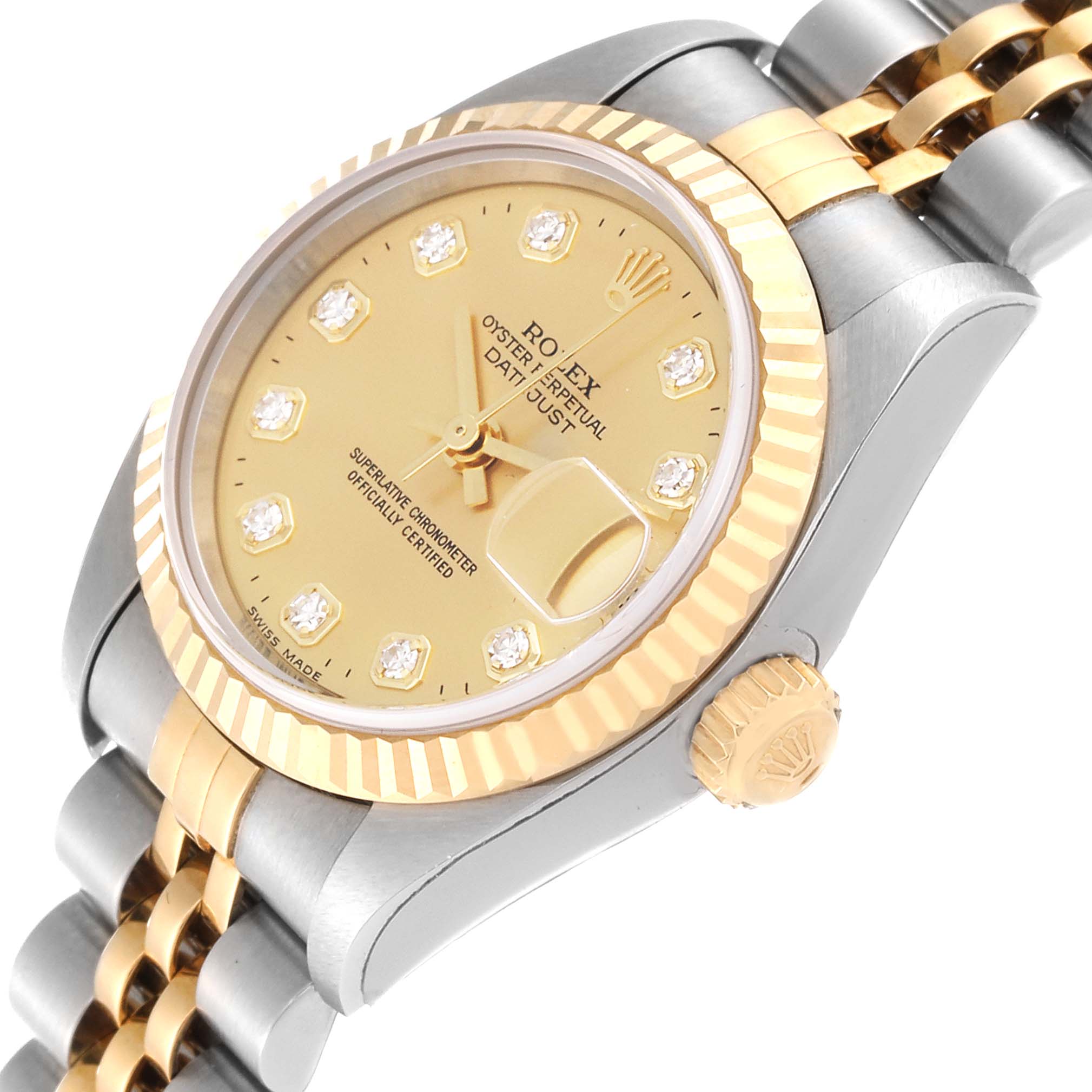 The image shows the face, bezel, crown, and part of the bracelet of the Rolex Datejust 79173G Women's Steel and Gold (two tone) Champagne Dial 79173G Women's Steel and Gold (two tone) Champagne Dial watch from a slight angle.