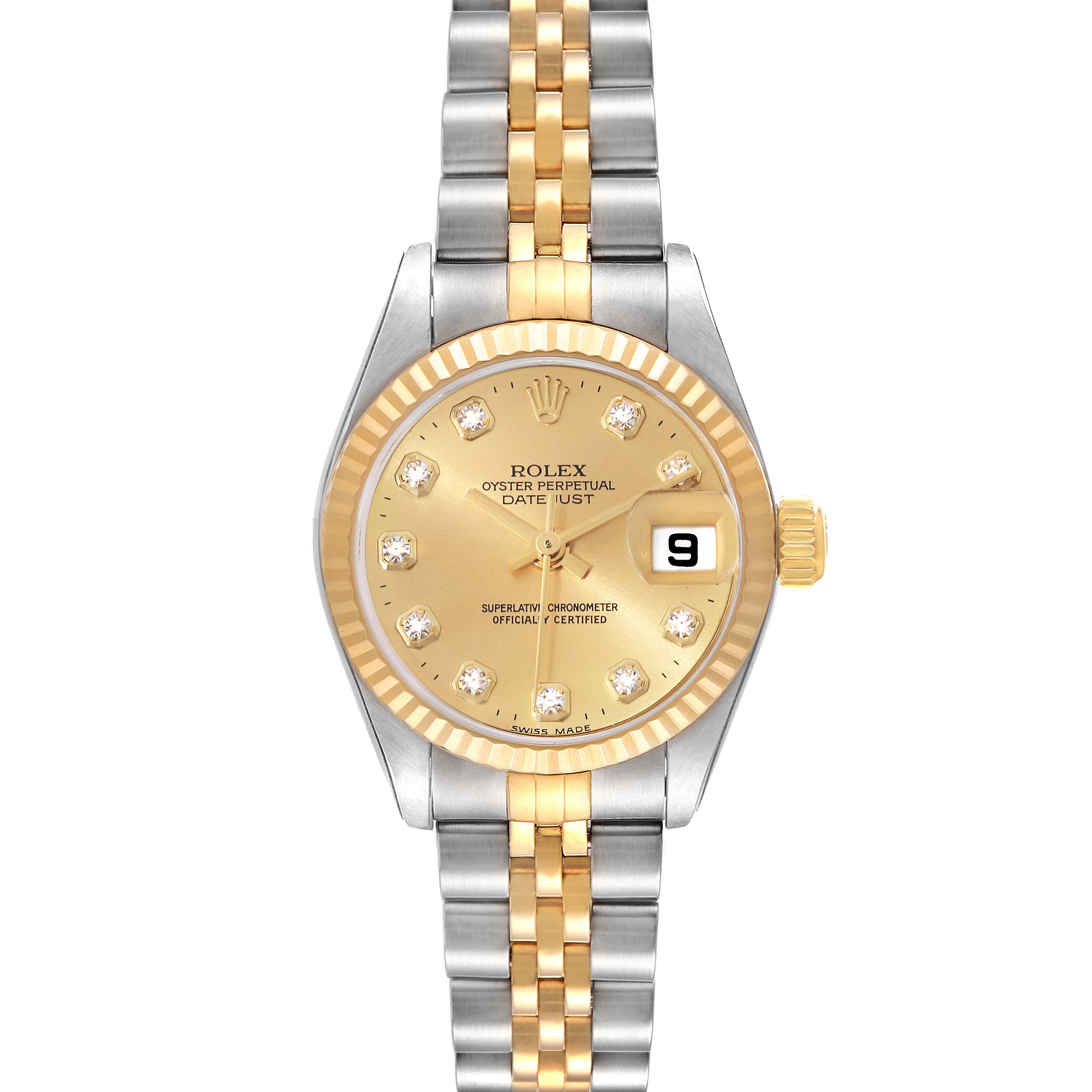 This image shows a front view of a Rolex Datejust 79173G Women's Steel and Gold (two tone) Champagne Dial 79173G Women's Steel and Gold (two tone) Champagne Dial watch, highlighting its face, bezel, and two-tone bracelet.
