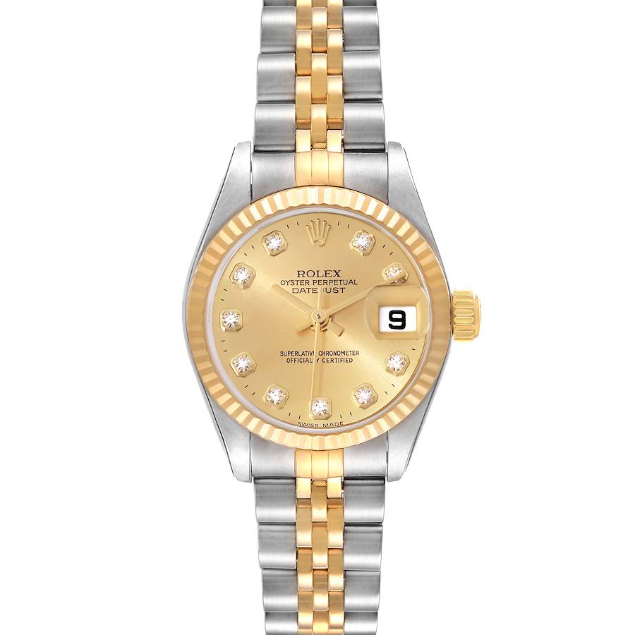 This image shows a front view of a Rolex Datejust watch, highlighting its face, bezel, and two-tone bracelet.