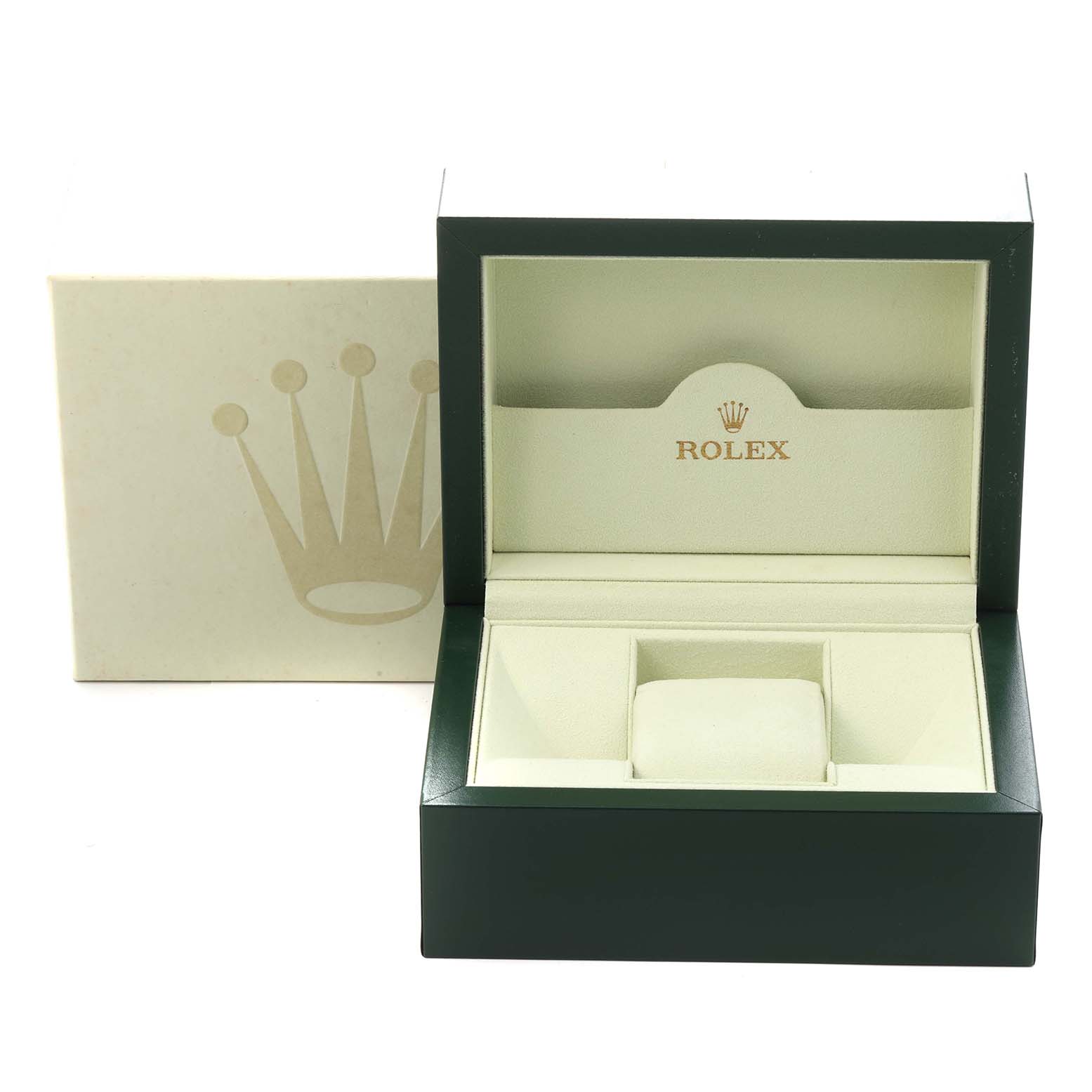 This image shows an open Rolex Datejust 116233 Men
s Steel and Gold (two tone) Champagne Dial 116233 Men
s Steel and Gold (two tone) Champagne Dial watch box from a front angle, displaying the interior compartments and logo.