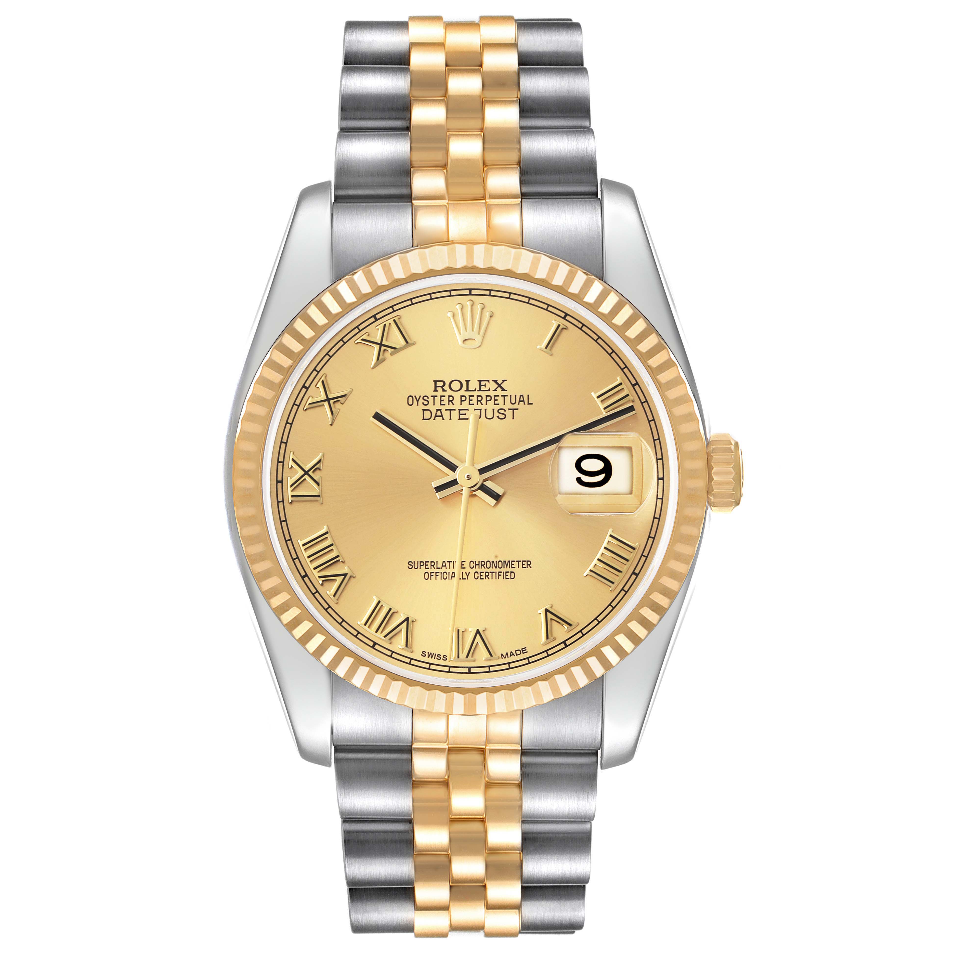 The Rolex Datejust 116233 Men
s Steel and Gold (two tone) Champagne Dial 116233 Men
s Steel and Gold (two tone) Champagne Dial watch is shown from a top-down angle, highlighting the dial, bezel, and bracelet.