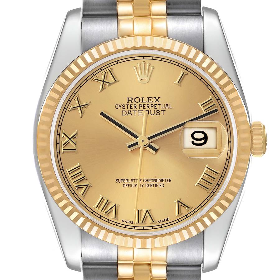 The Rolex Datejust watch is shown from a front angle highlighting its dial, bezel, crown, and part of the bracelet.