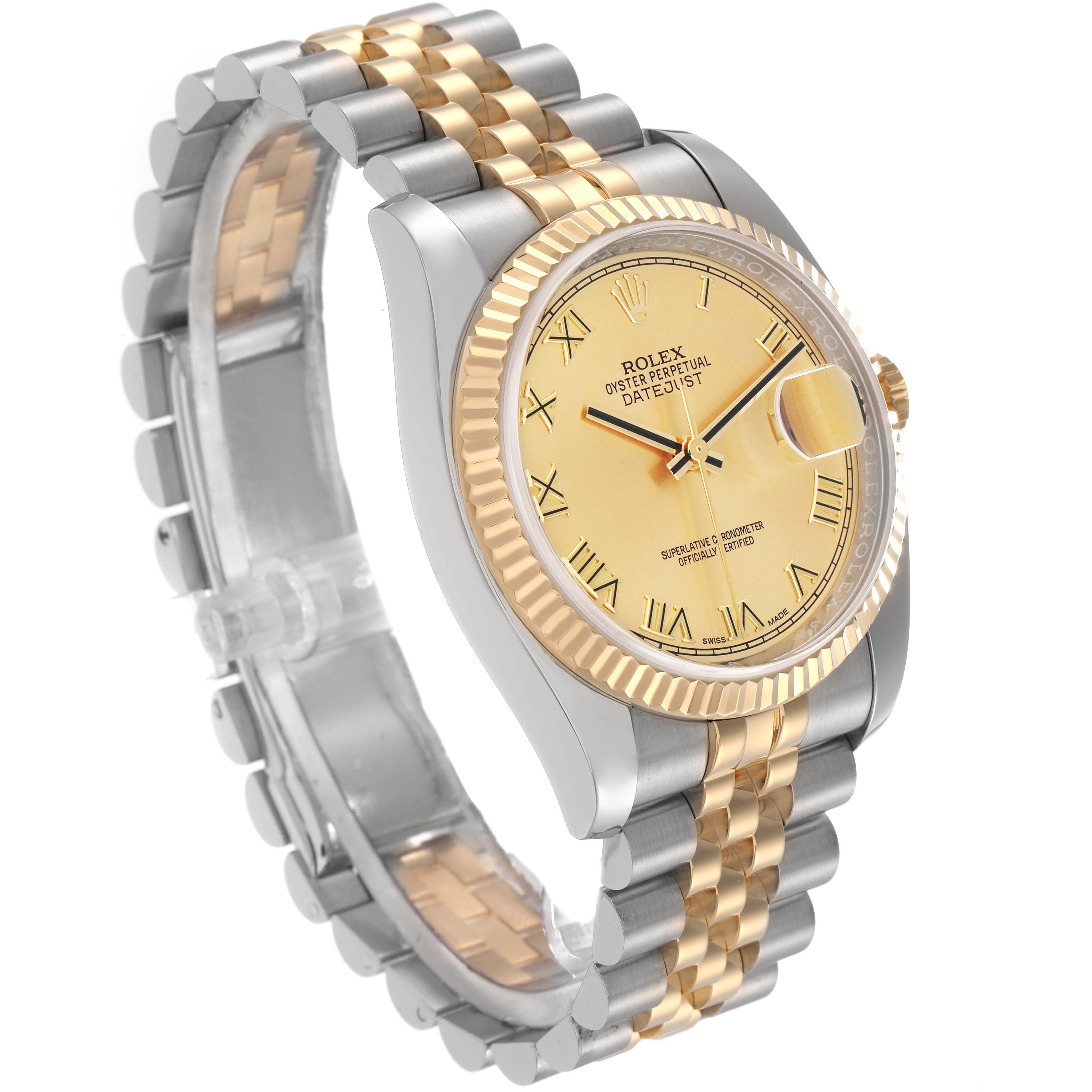 The Rolex Datejust 116233 Men
s Steel and Gold (two tone) Champagne Dial 116233 Men
s Steel and Gold (two tone) Champagne Dial watch is shown at a three-quarter angle, highlighting its gold and steel bracelet and fluted bezel.