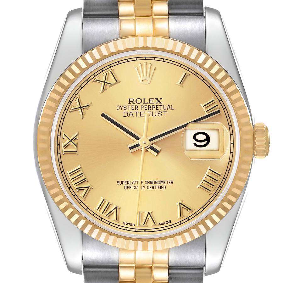 The Rolex Datejust watch is shown from a front angle, displaying its gold dial, fluted bezel, and two-tone bracelet.