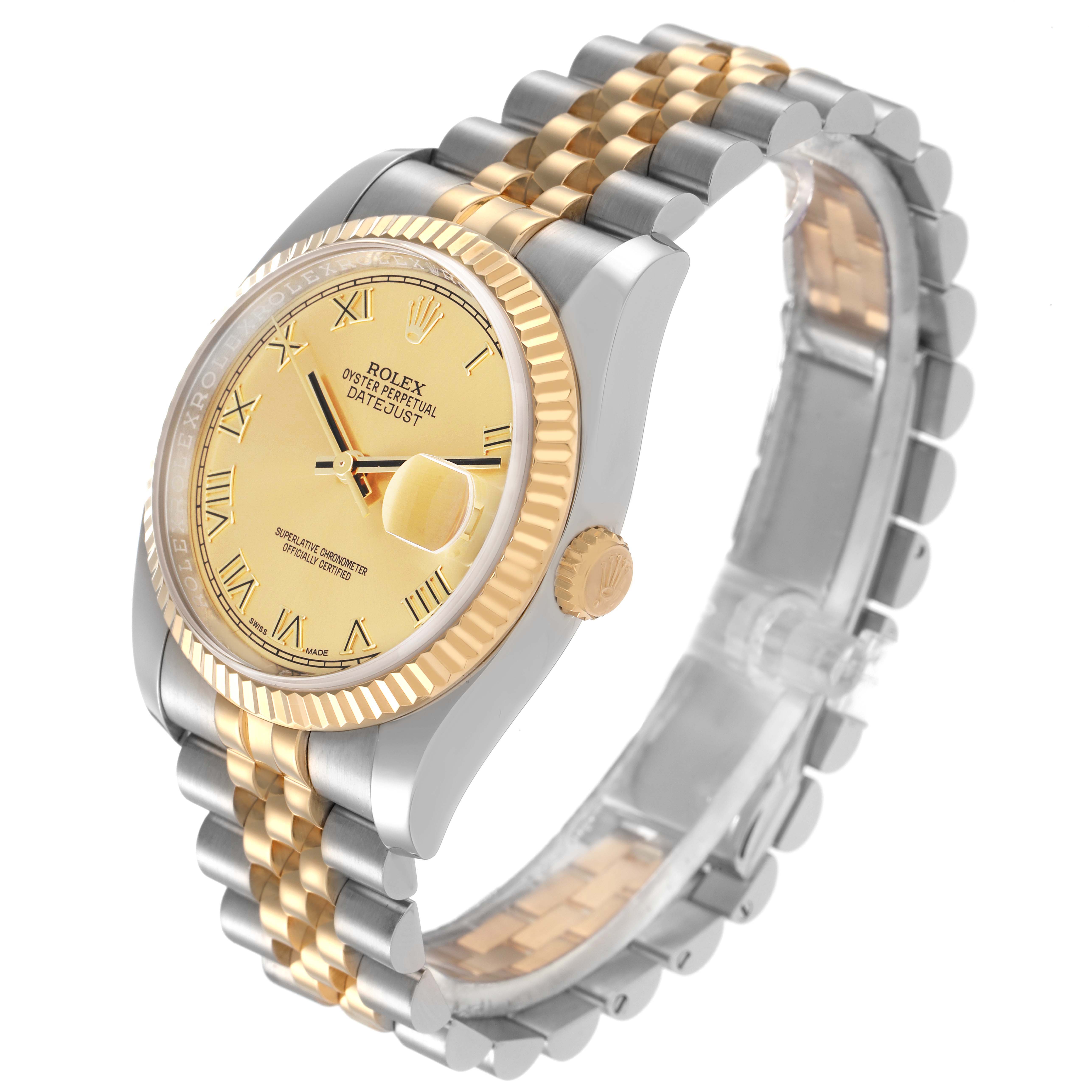 The Rolex Datejust 116233 Men
s Steel and Gold (two tone) Champagne Dial 116233 Men
s Steel and Gold (two tone) Champagne Dial watch is shown at a slightly tilted angle, highlighting the gold and silver bracelet, fluted bezel, and champagne dial.