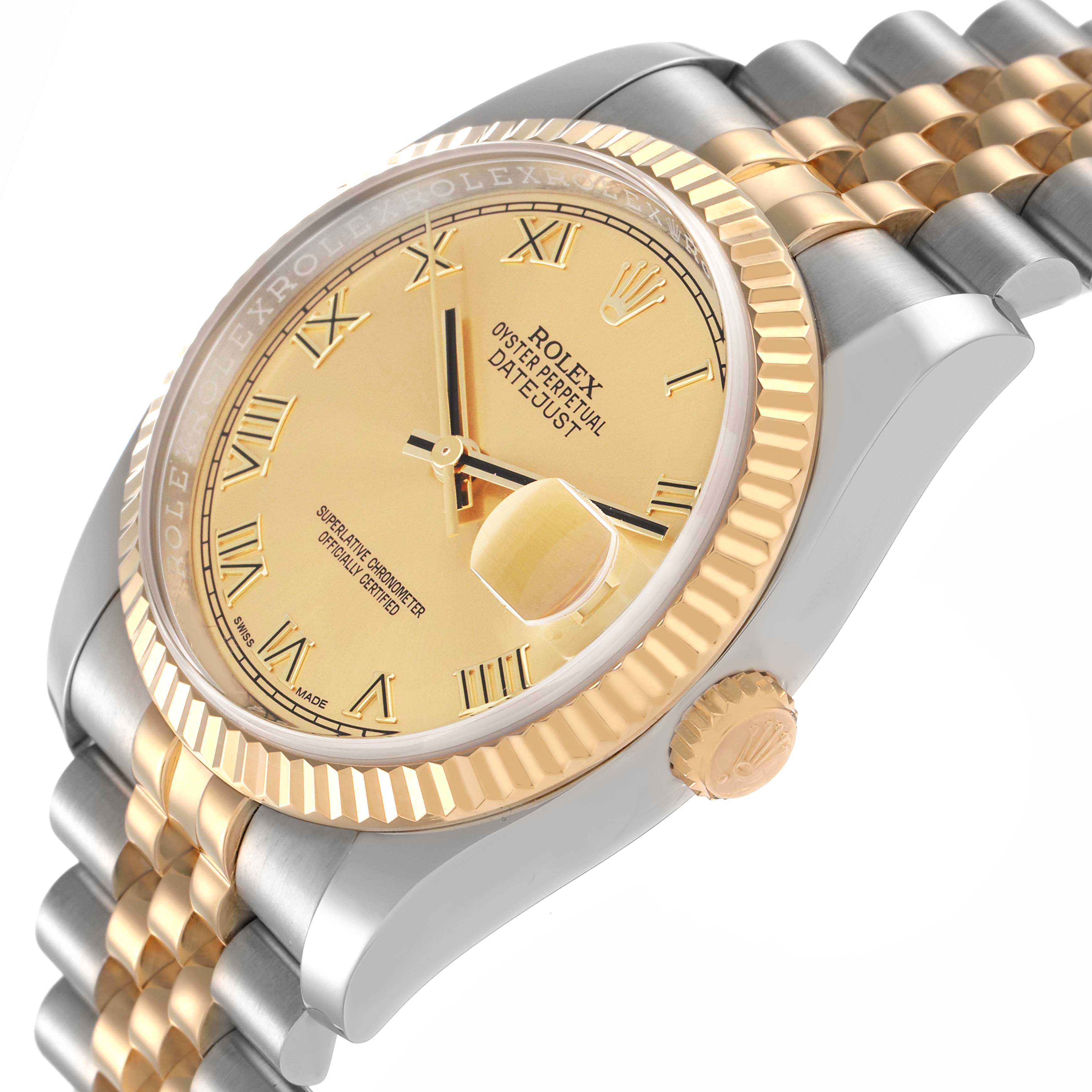 The Rolex Datejust 116233 Men
s Steel and Gold (two tone) Champagne Dial 116233 Men
s Steel and Gold (two tone) Champagne Dial watch is shown at a side angle, highlighting the gold bezel, crown, bracelet, and face with Roman numerals.