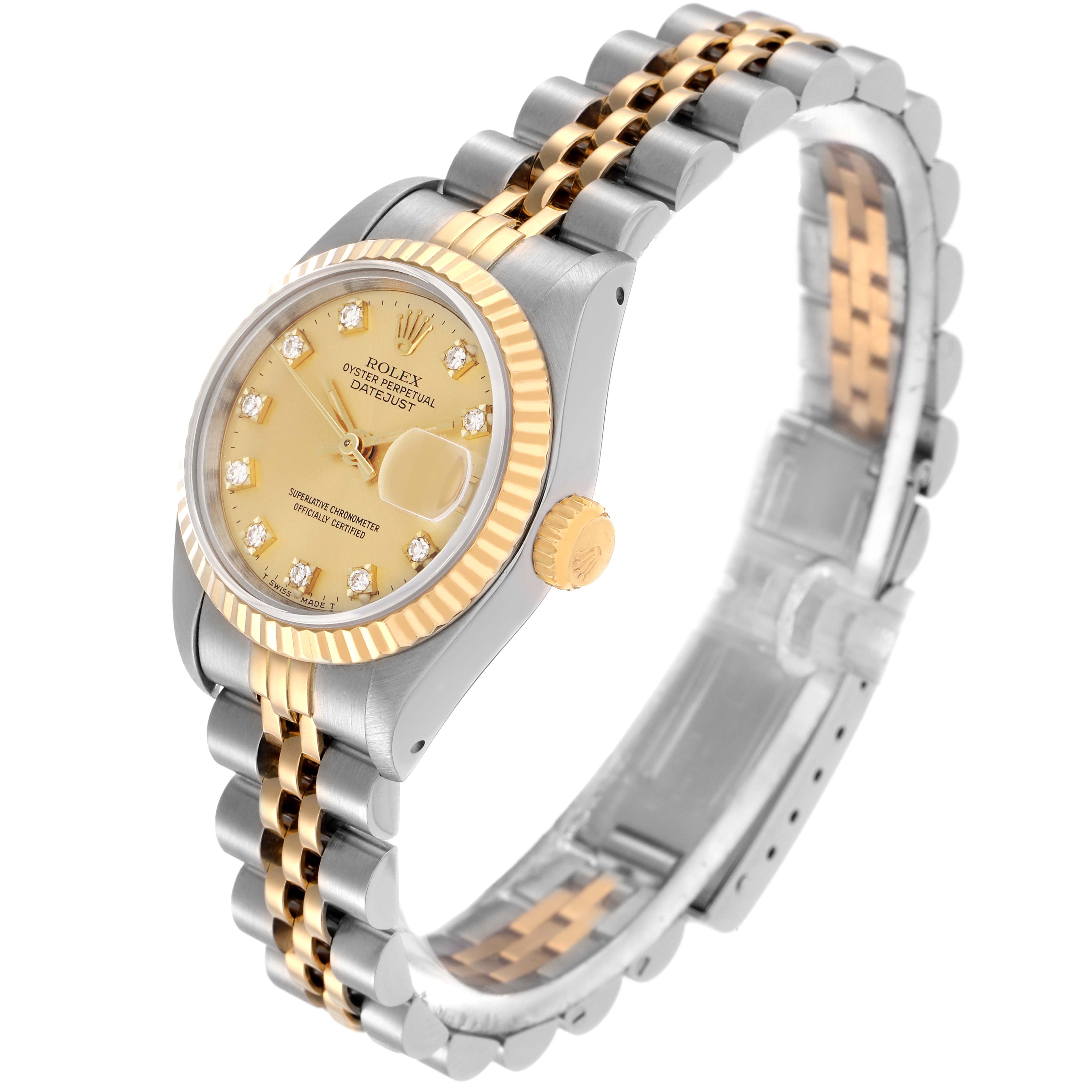 The Rolex Datejust 69173 Women
s Steel and Gold (two tone) Champagne Dial 69173 Women
s Steel and Gold (two tone) Champagne Dial watch is shown at a slight angle, highlighting the bezel, face, crown, and two-tone bracelet.