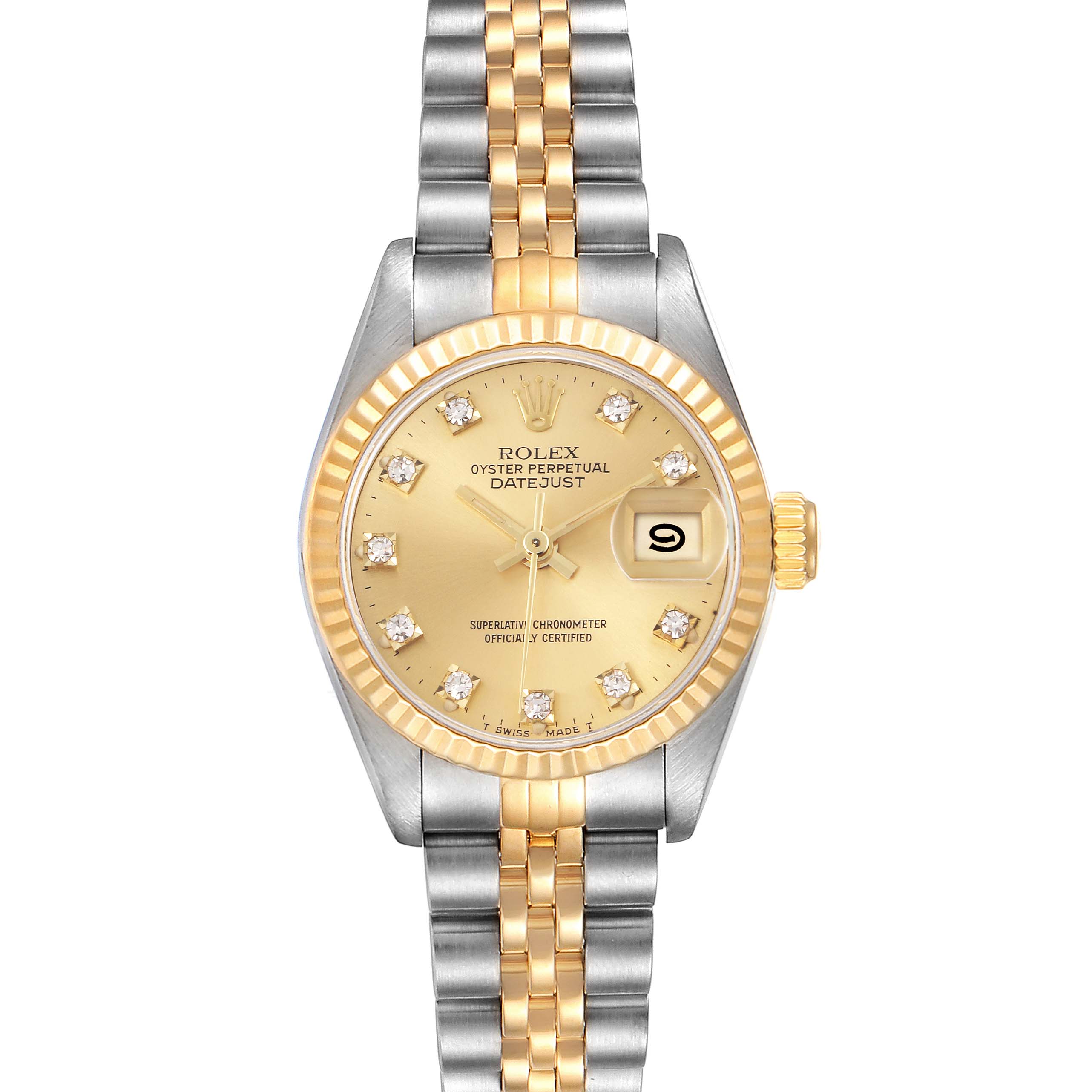 The Rolex Datejust 69173 Women
s Steel and Gold (two tone) Champagne Dial 69173 Women
s Steel and Gold (two tone) Champagne Dial watch is shown from a front view, highlighting the dial, fluted bezel, and two-tone bracelet.