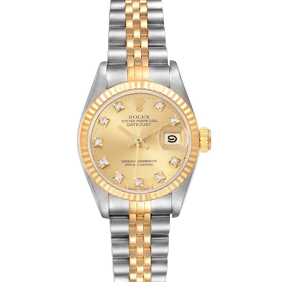 The Rolex Datejust watch is shown from a front view, highlighting the dial, fluted bezel, and two-tone bracelet.