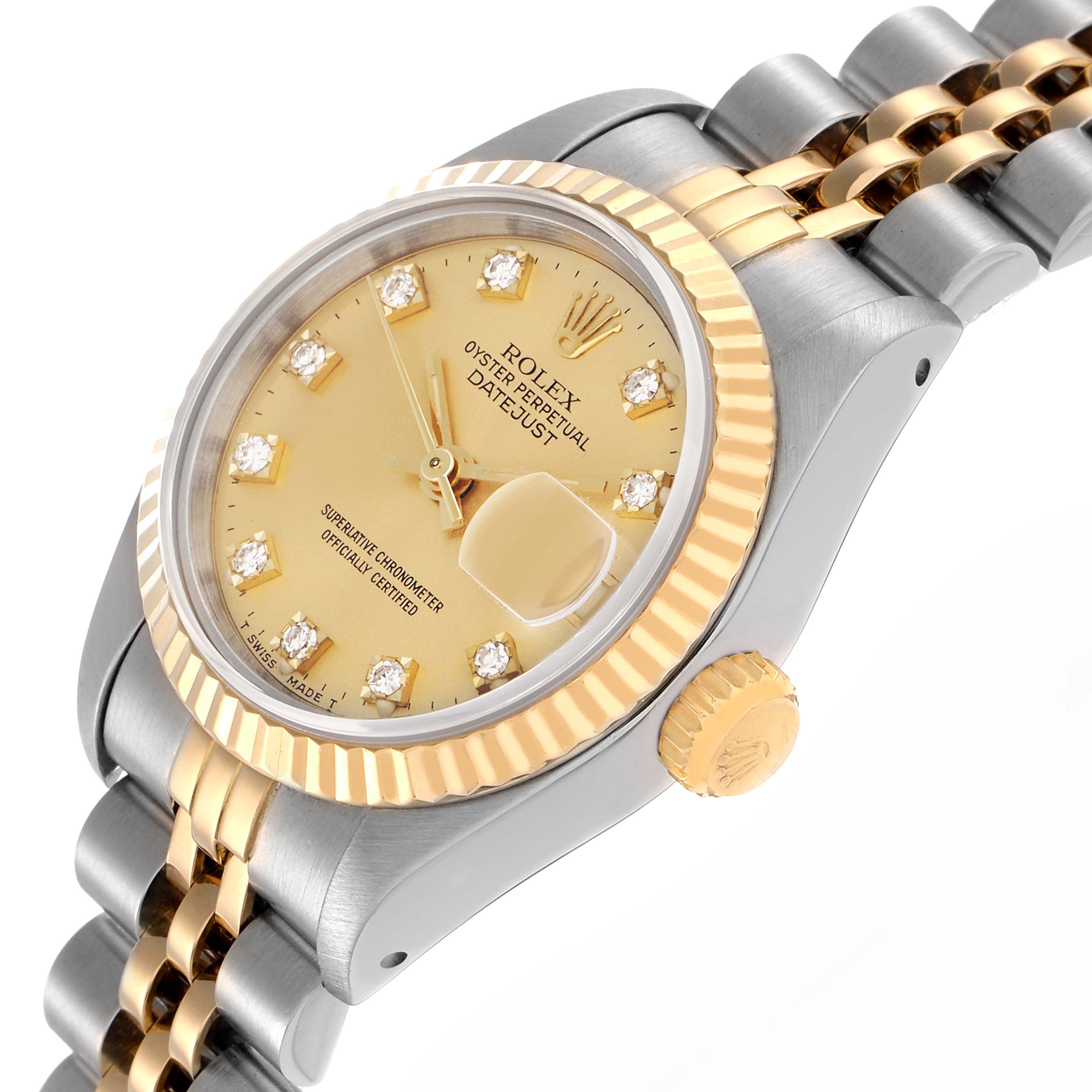 The Rolex Datejust 69173 Women
s Steel and Gold (two tone) Champagne Dial 69173 Women
s Steel and Gold (two tone) Champagne Dial is shown at an angle highlighting the dial, fluted bezel, crown, and part of the bracelet.