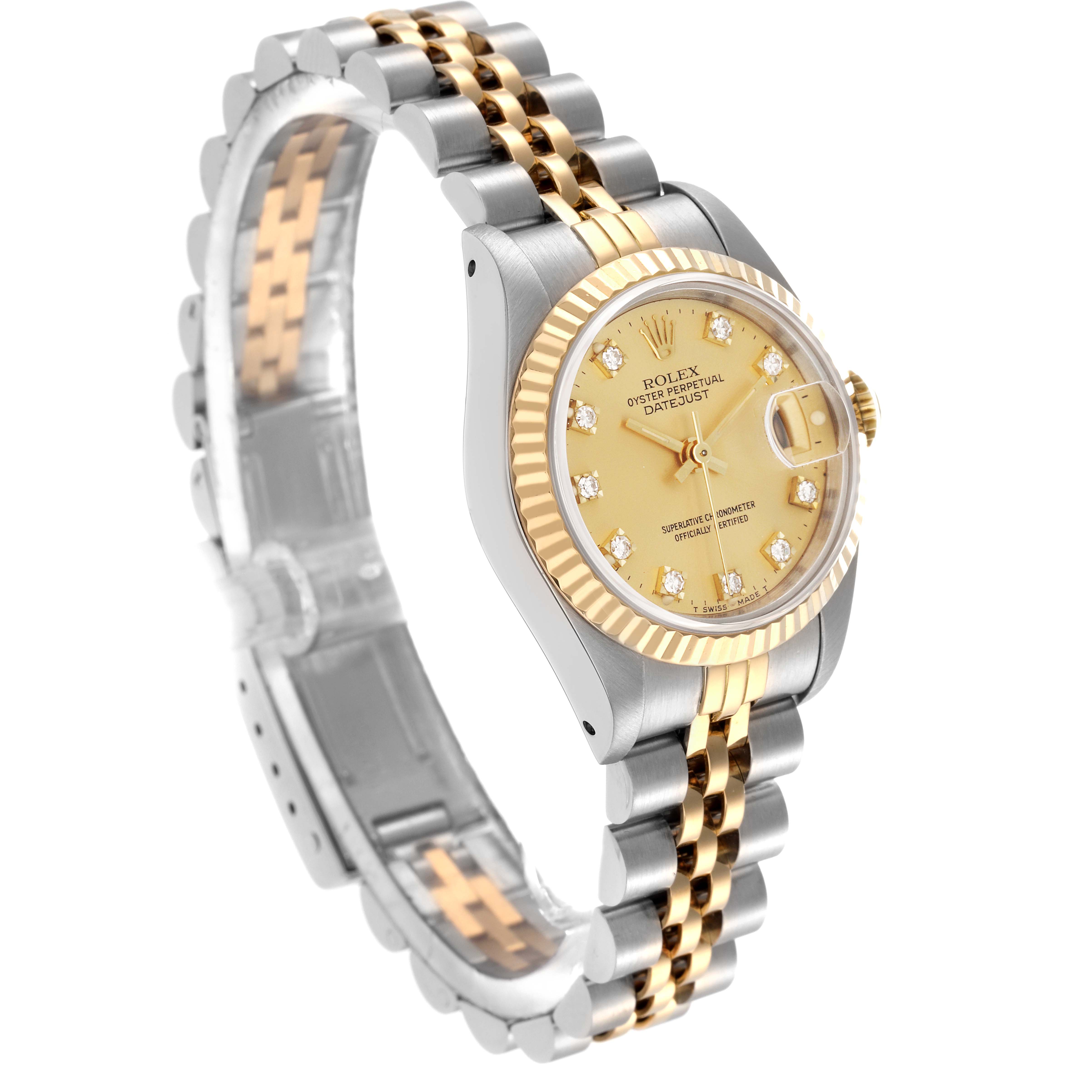 The Rolex Datejust 69173 Women
s Steel and Gold (two tone) Champagne Dial 69173 Women
s Steel and Gold (two tone) Champagne Dial watch is shown at an angled view highlighting the gold dial, fluted bezel, and two-tone bracelet.
