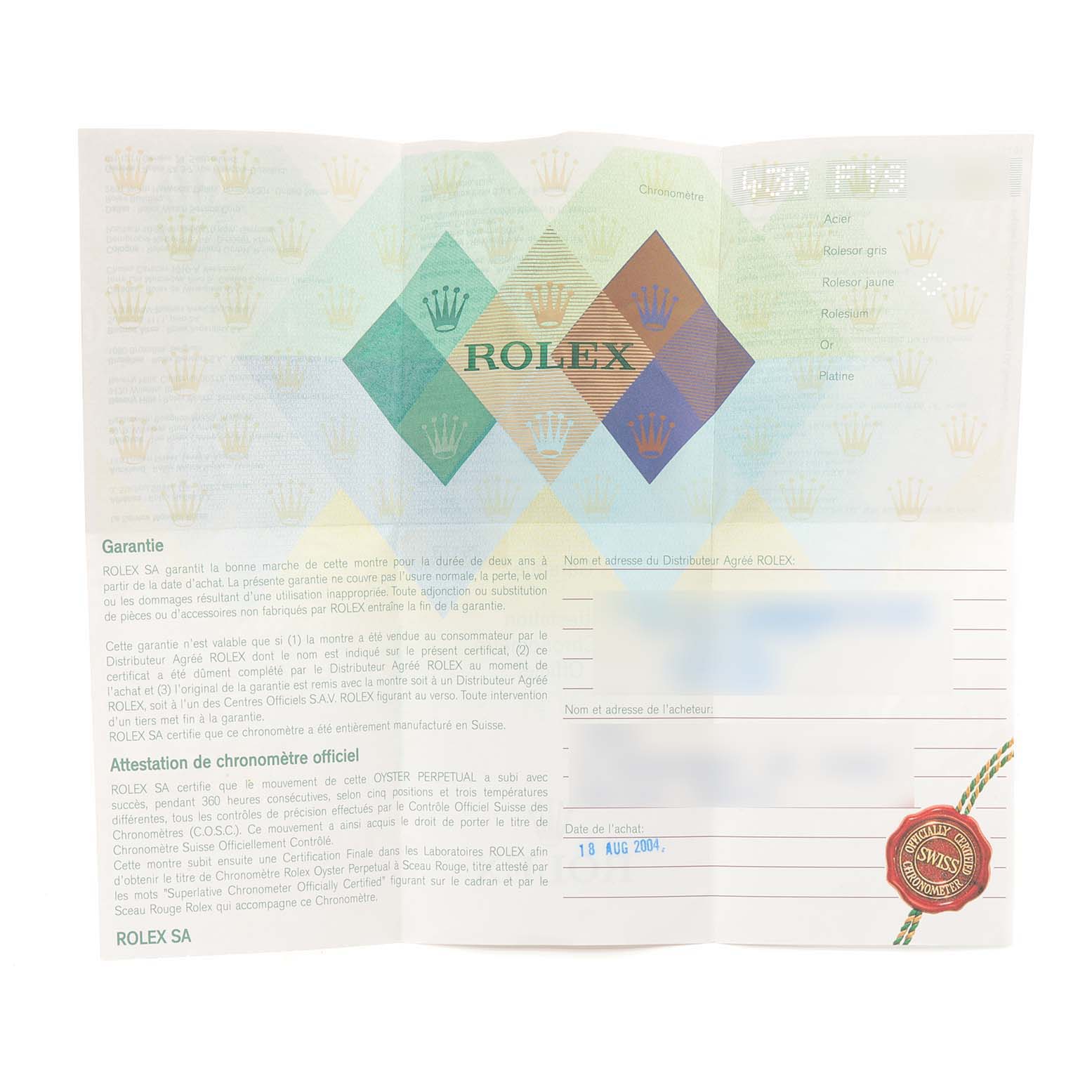 The image shows a warranty and certification paper for the Rolex Datejust 79173 Women
s Steel and Gold (two tone) Champagne Dial 79173 Women
s Steel and Gold (two tone) Champagne Dial model, with the brand
s logo and details.