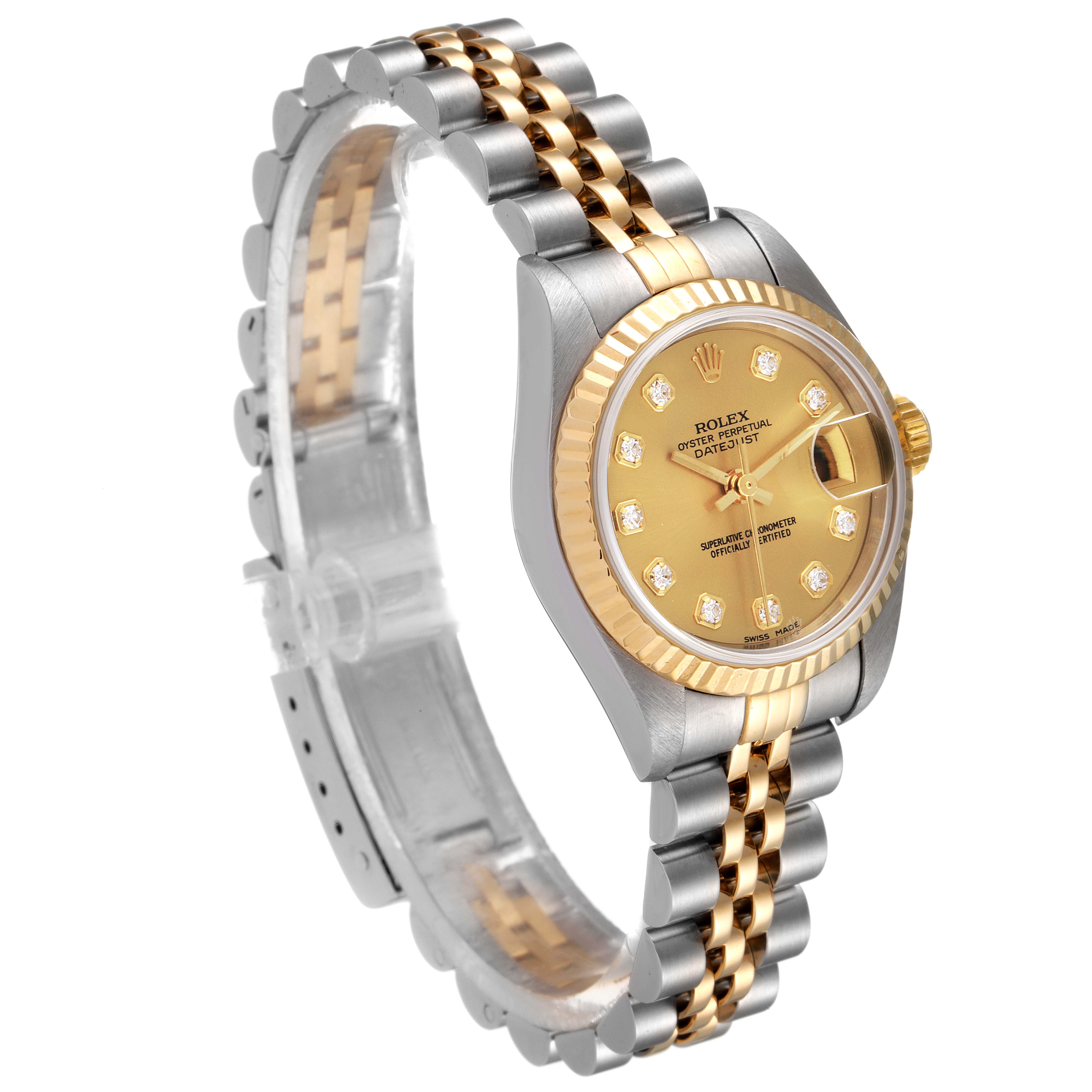 The image shows a Rolex Datejust 79173 Women
s Steel and Gold (two tone) Champagne Dial 79173 Women
s Steel and Gold (two tone) Champagne Dial watch at a three-quarter angle, detailing its gold and silver Jubilee bracelet and gold dial with diamond markers.